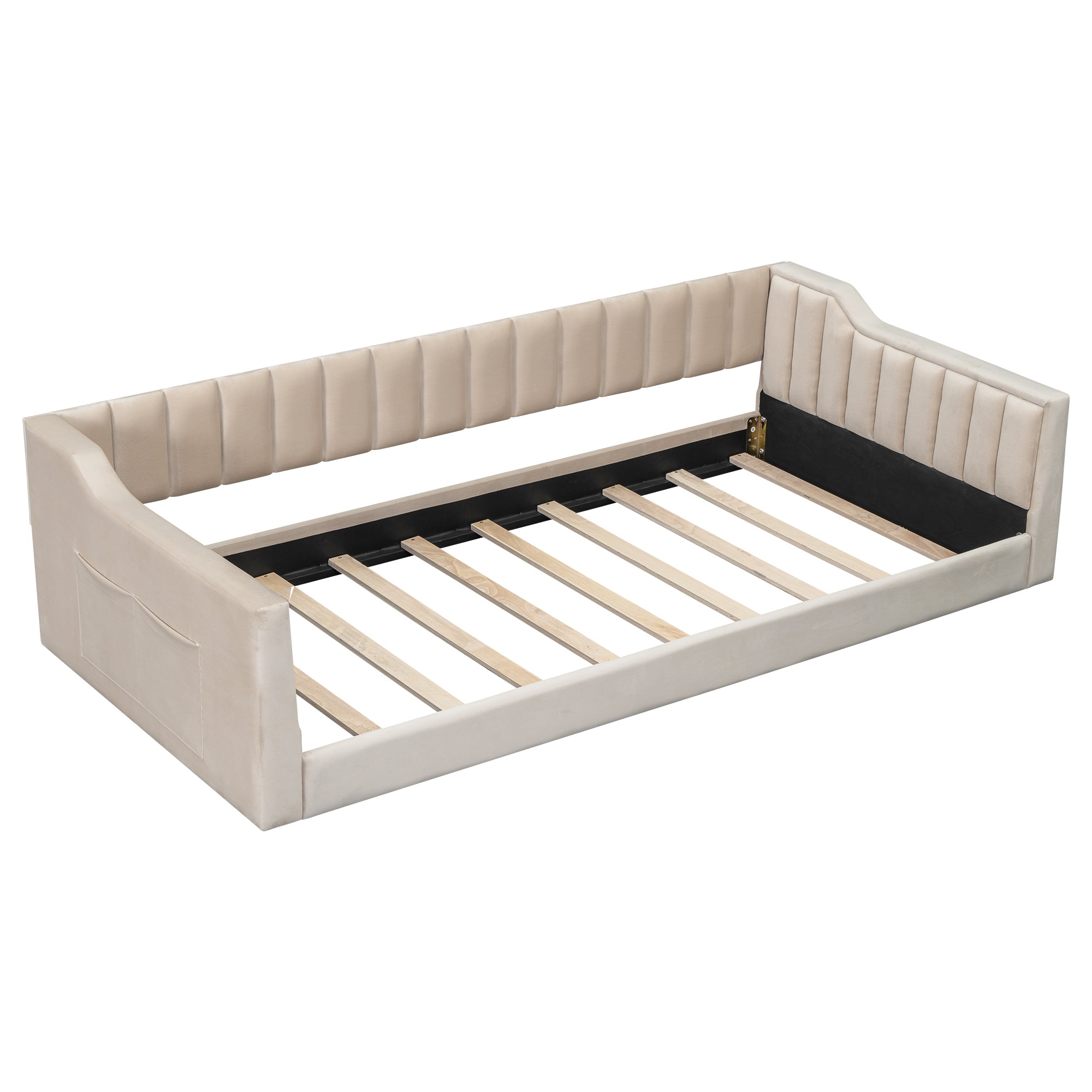Beige Velvet Twin XL Daybed: Upholstered with Side Storage Pocket