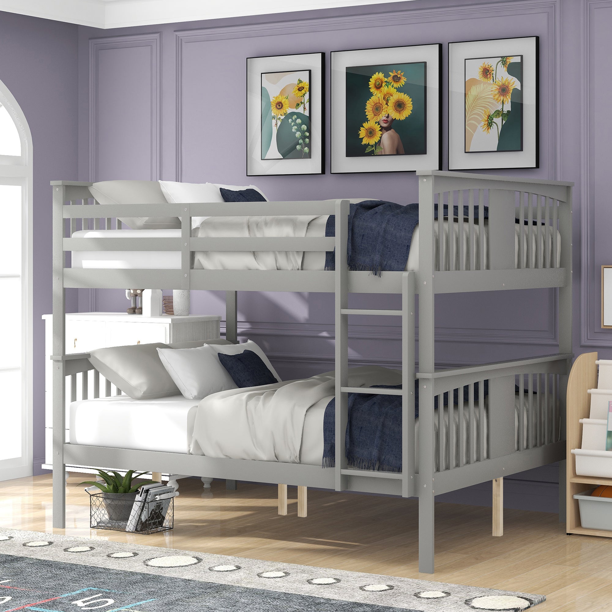 Full over Full Bunk Bed with Ladder - Gray Bedroom Furniture