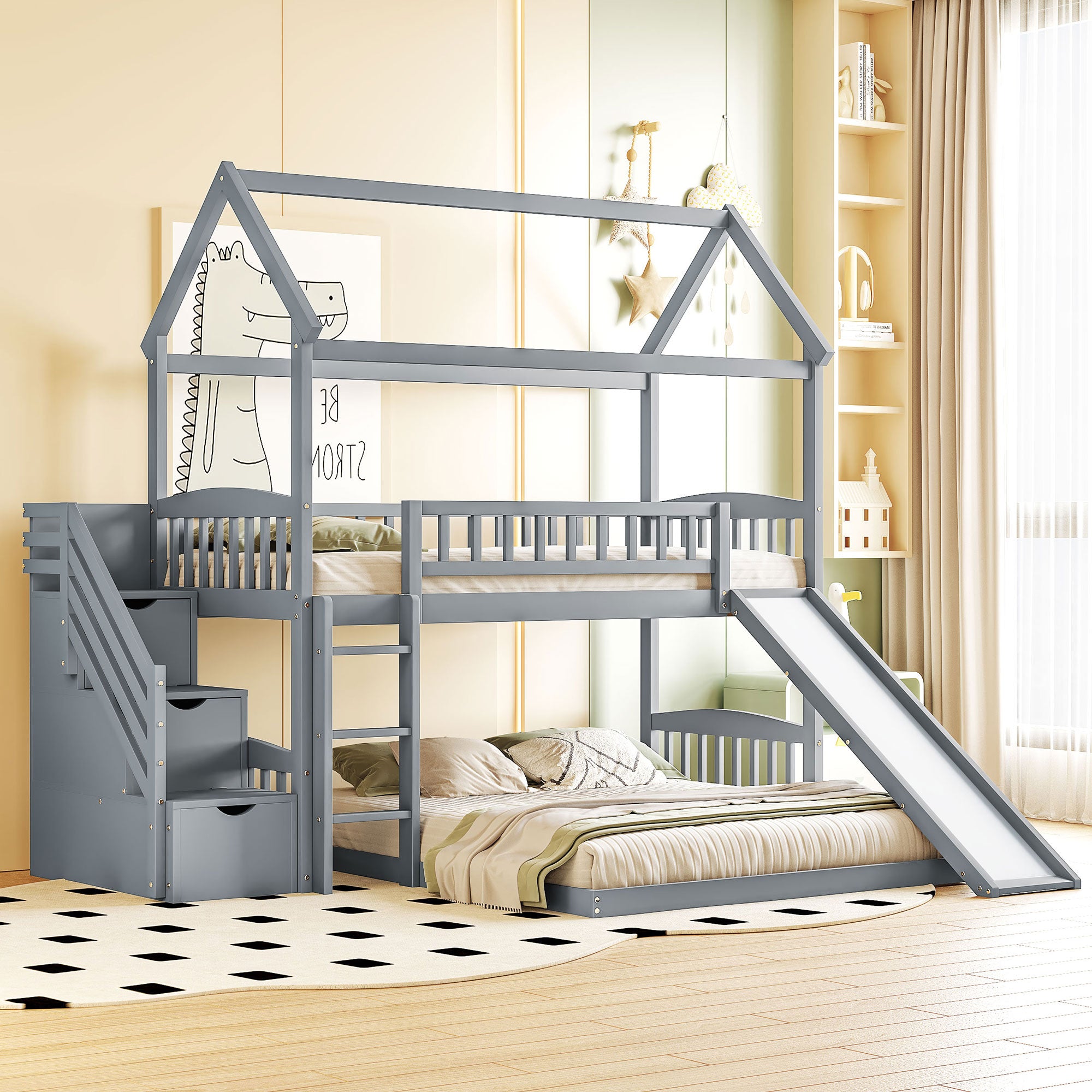 Gray Twin Over Full Bunk Bed with Slide & Playhouse Design