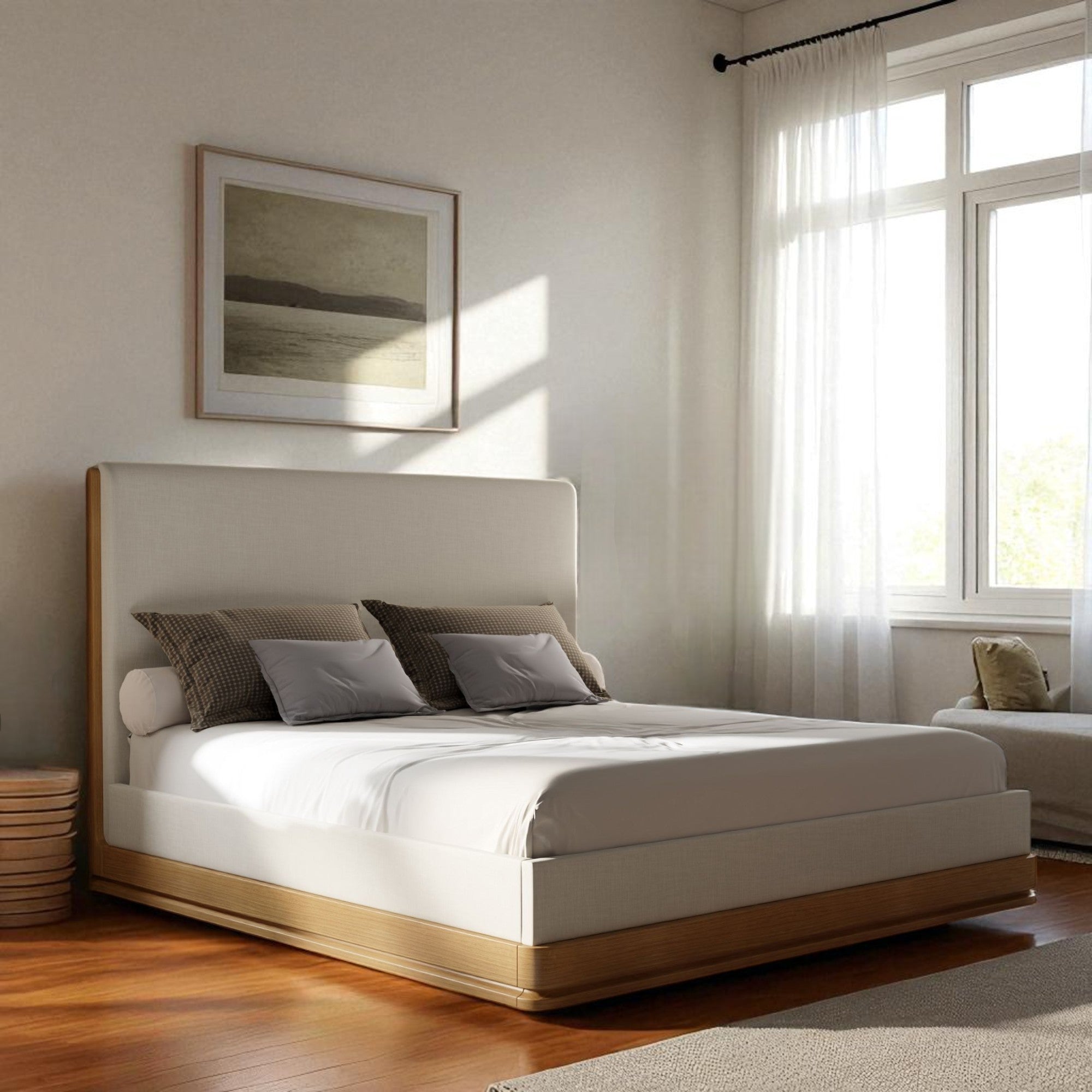 Zoey Beige Fabric & Oak Queen Bed - Elegant, Modern Upholstered Frame