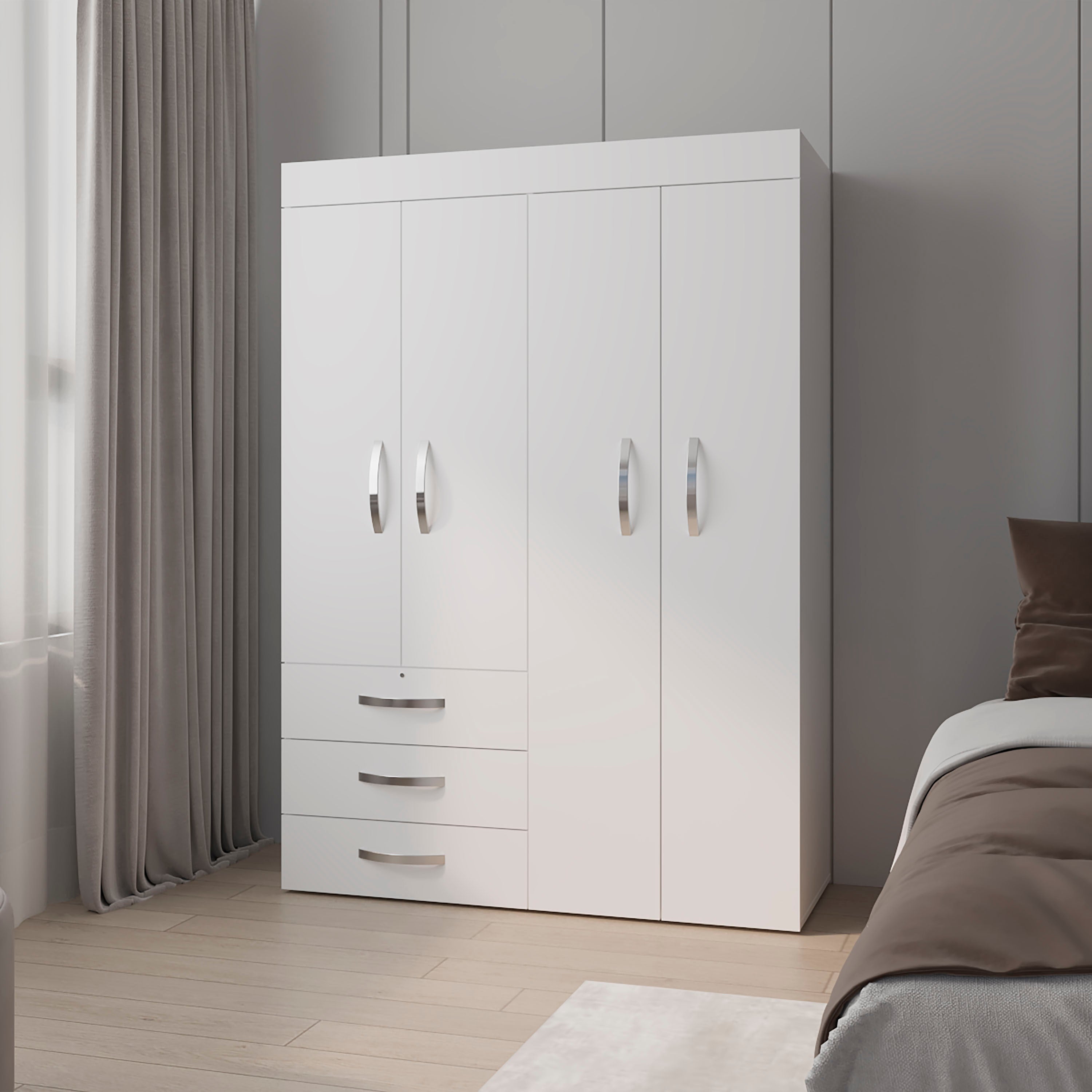 FM FURNITURE Laurens White 4-Door Wardrobe, Drawers & Shelves