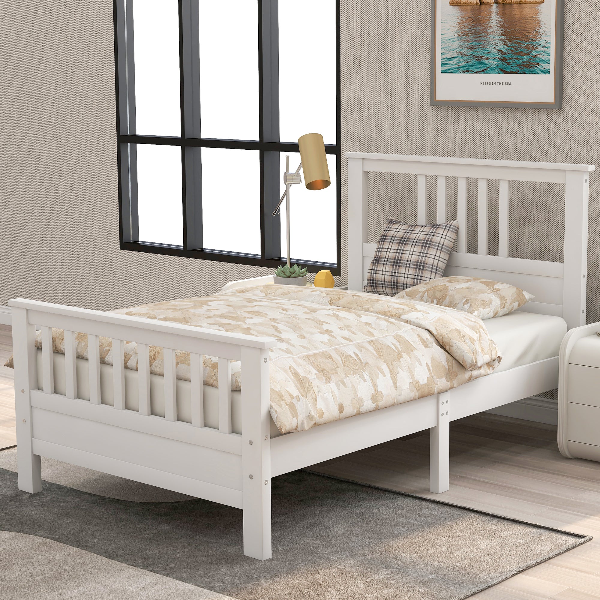 Twin White Wood Platform Bed with Headboard & Footboard