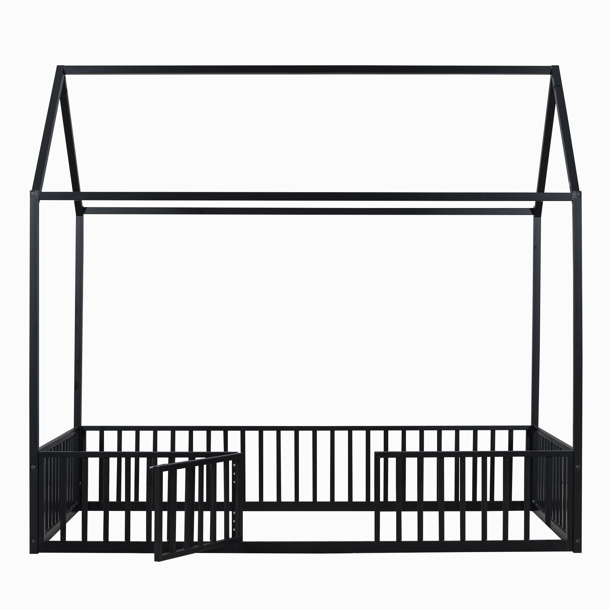 Twin Black Metal House Bed w/ Fence & Door, Imaginative Play