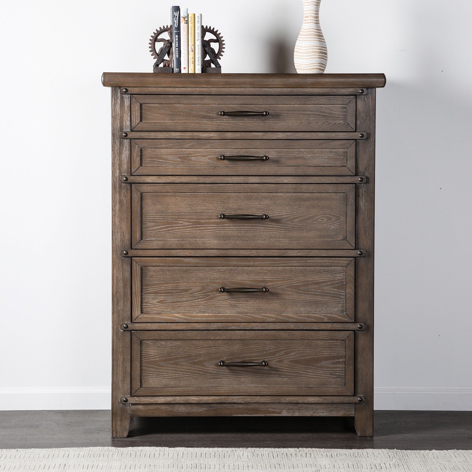 Transitional Brown 5-Drawer Chest with Ball Bearing Glides
