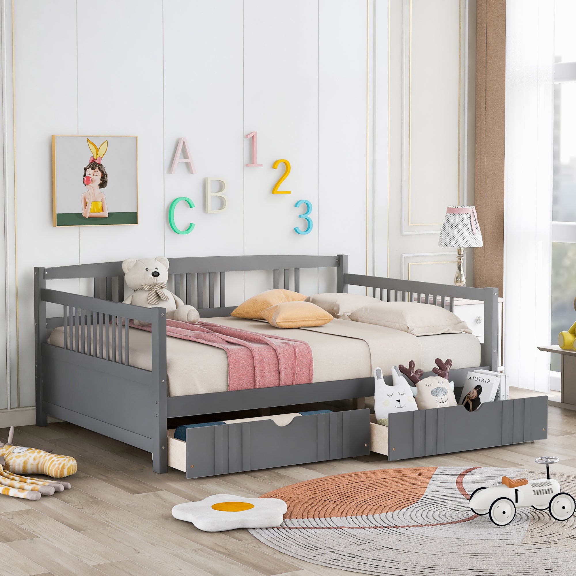 Full Size Gray Wood Daybed with 2 Storage Drawers