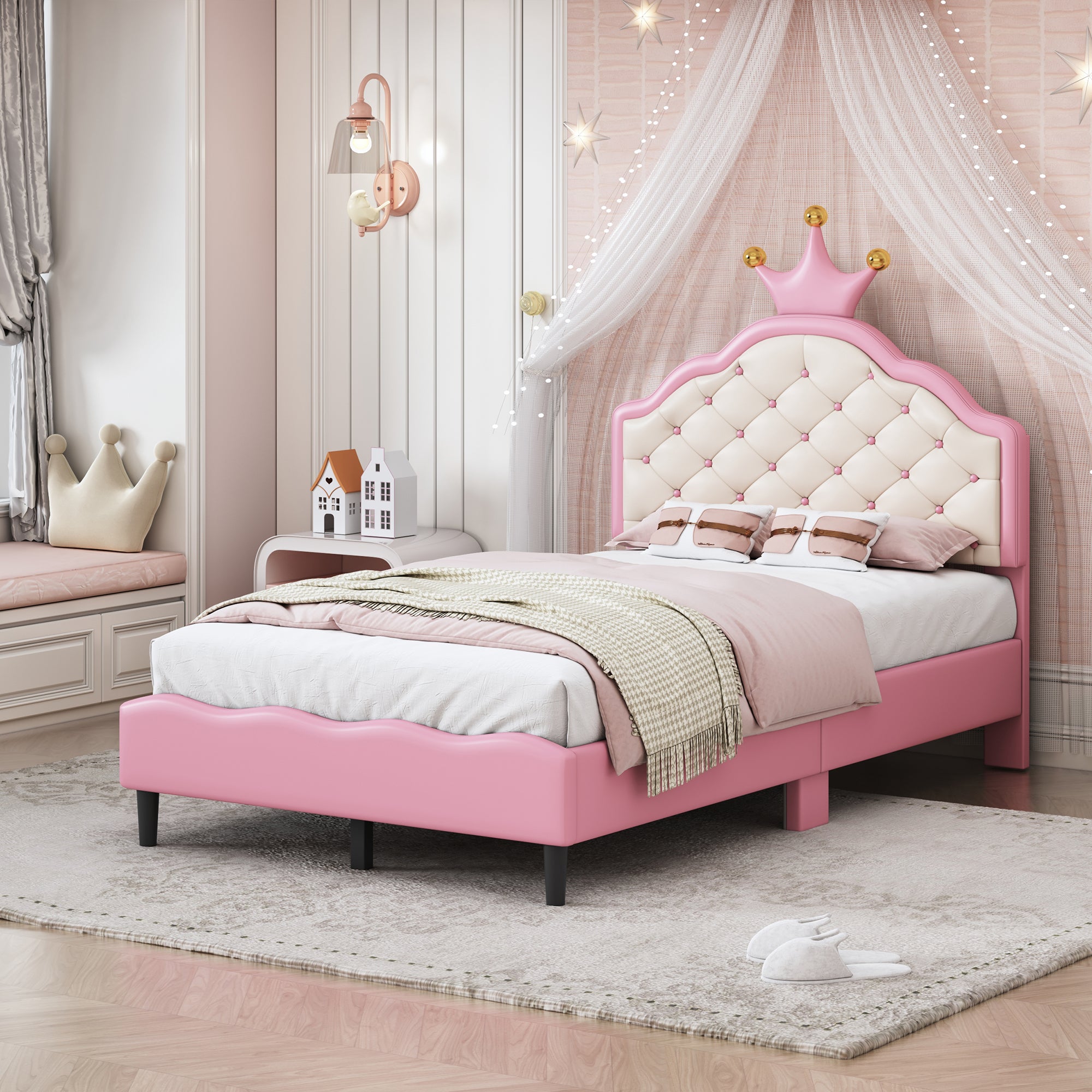 Twin Princess Bed: Crown, Tufted, Pink/Cream PU Leather