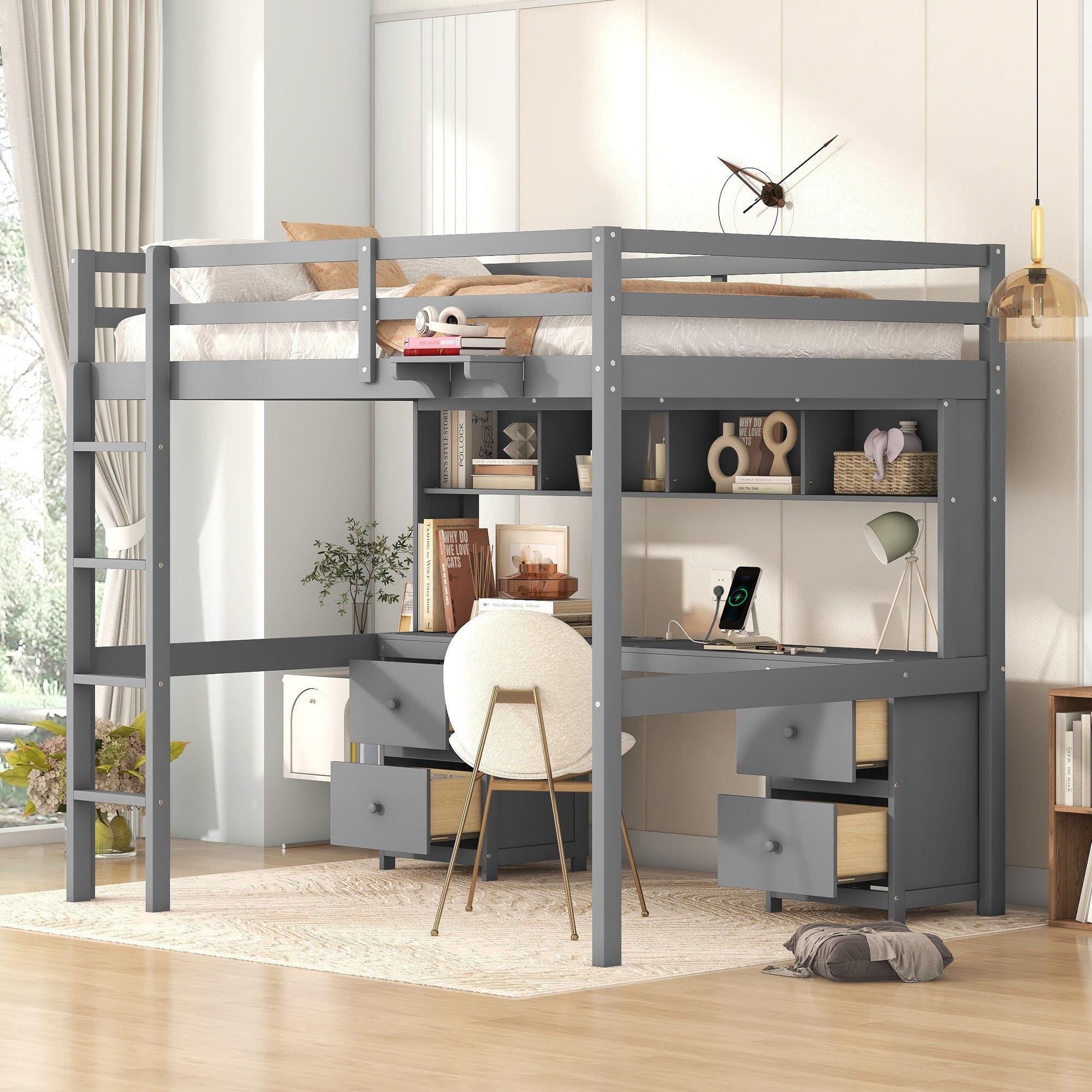 Full Size Loft Bed: Gray, Desk, Cabinets, Drawers, Charging Station