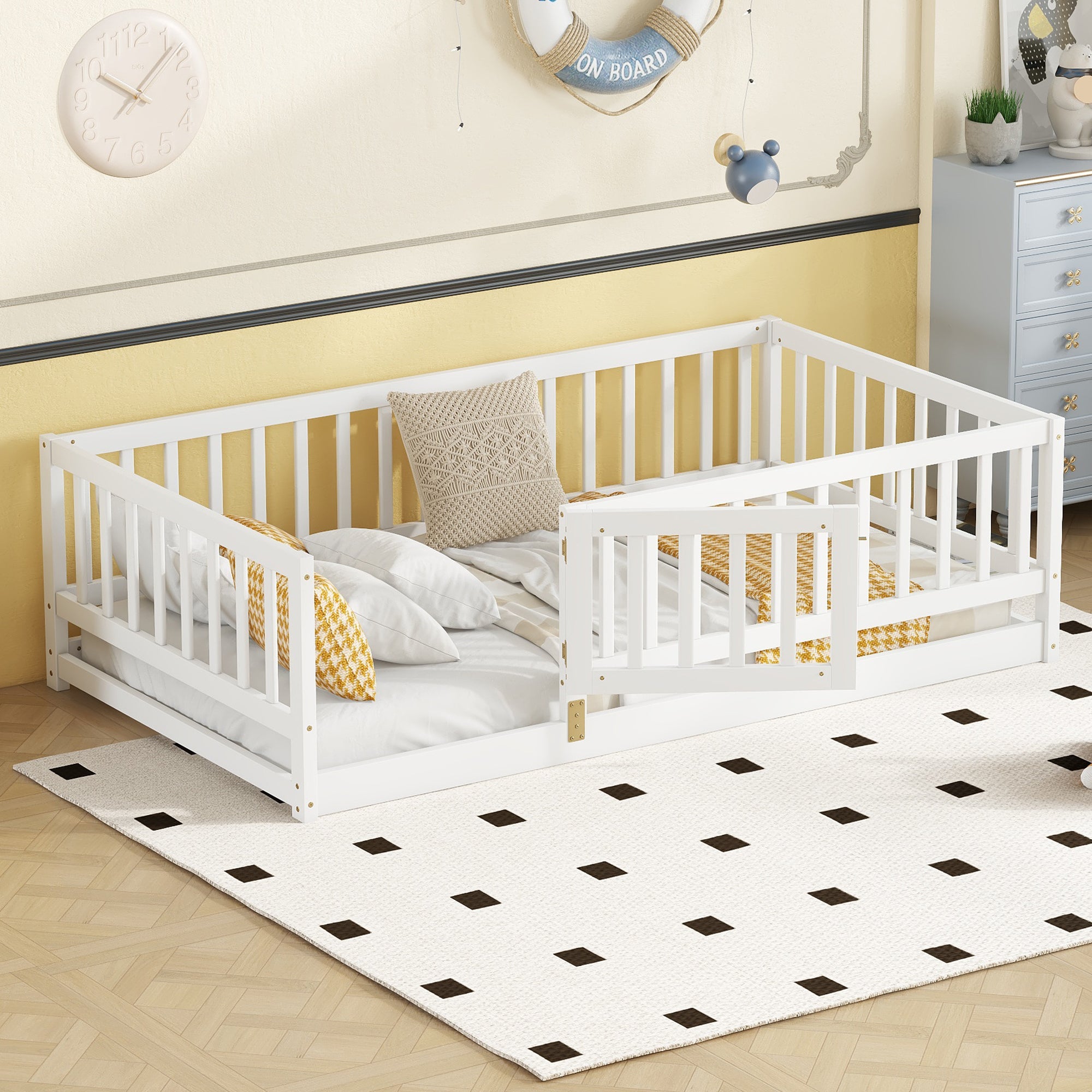 Twin Size White Montessori Floor Bed with Fence & Door for Kids