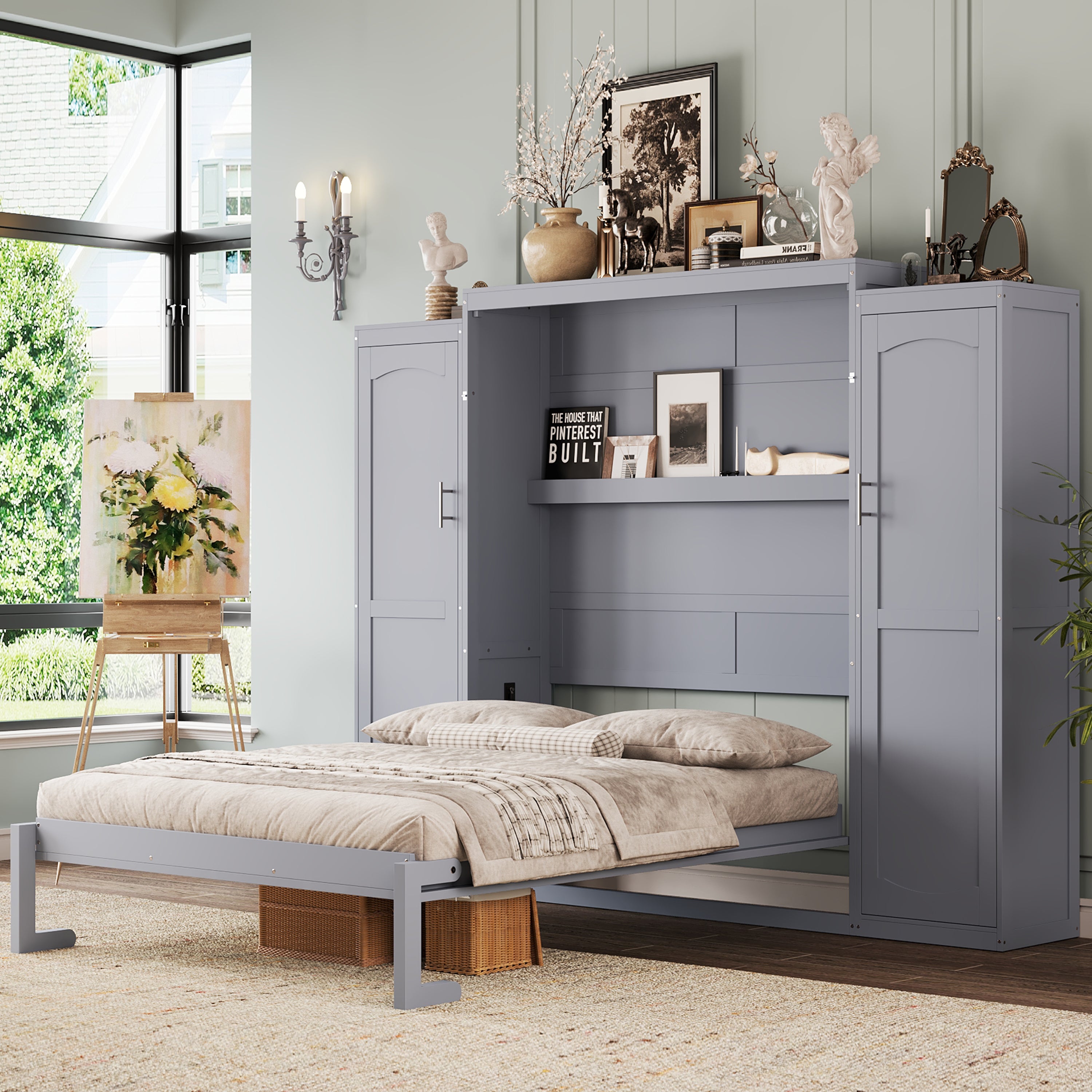 Full Size Murphy Bed with Wardrobe, Storage & Foldable Wall Design, Gray