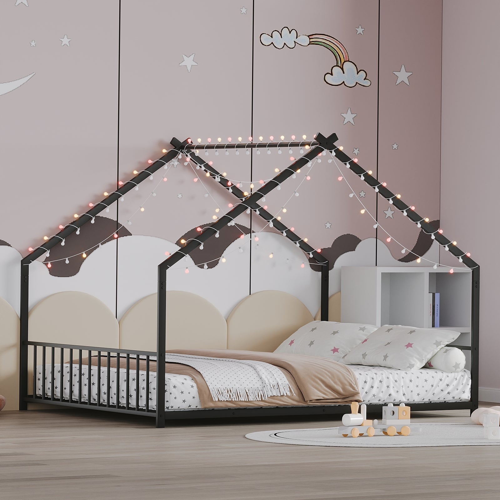 Black Full Size Kids Roof Bed Frame with LED Lights