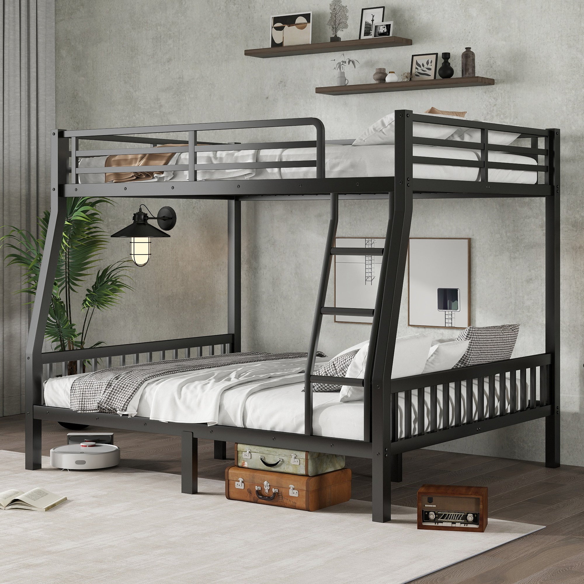 Full XL Over Queen Metal Bunk Bed: Black, Ladder & Slats for Adults