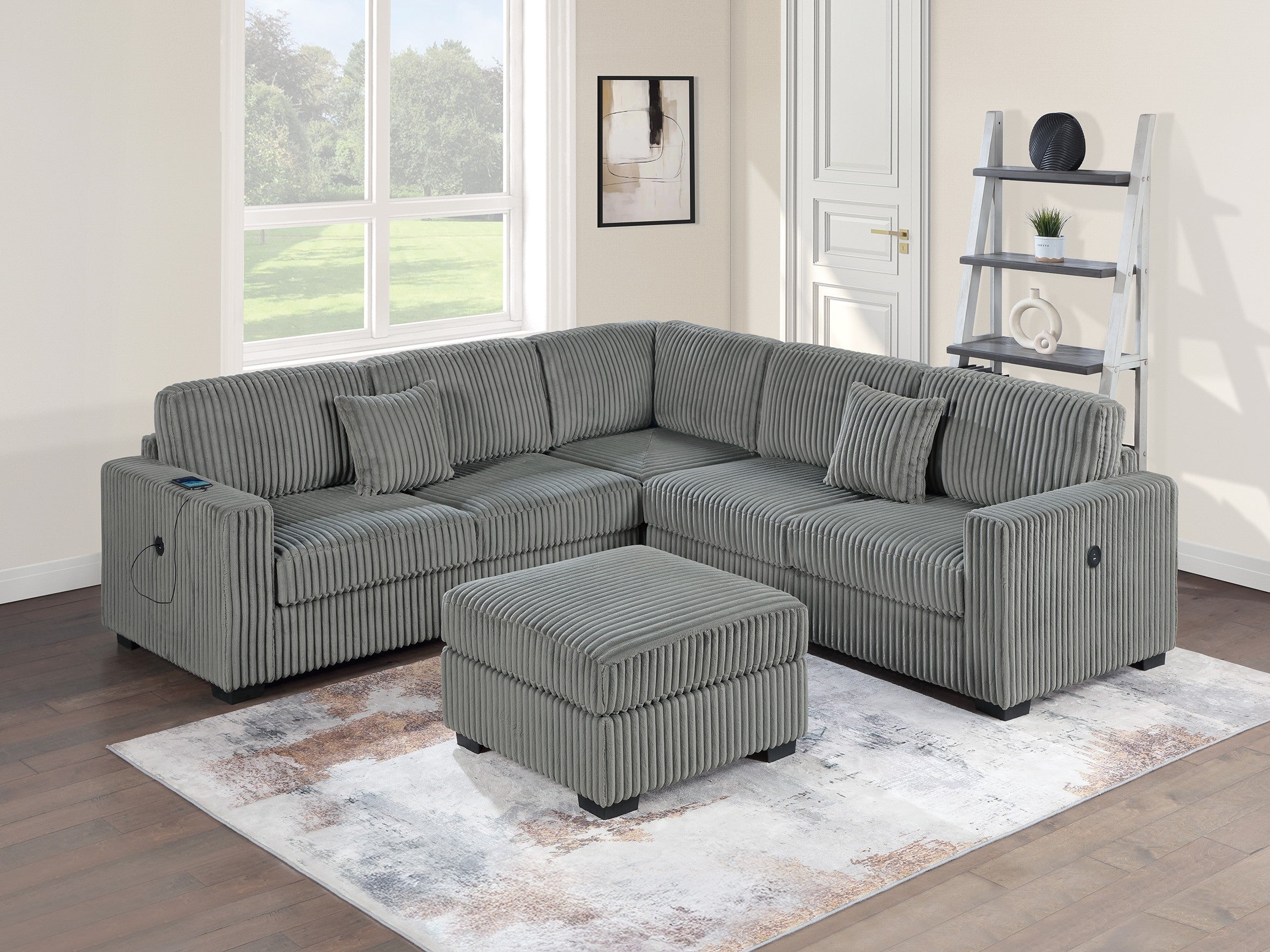 Smoke Corduroy 4pc Sectional Sofa Set USB