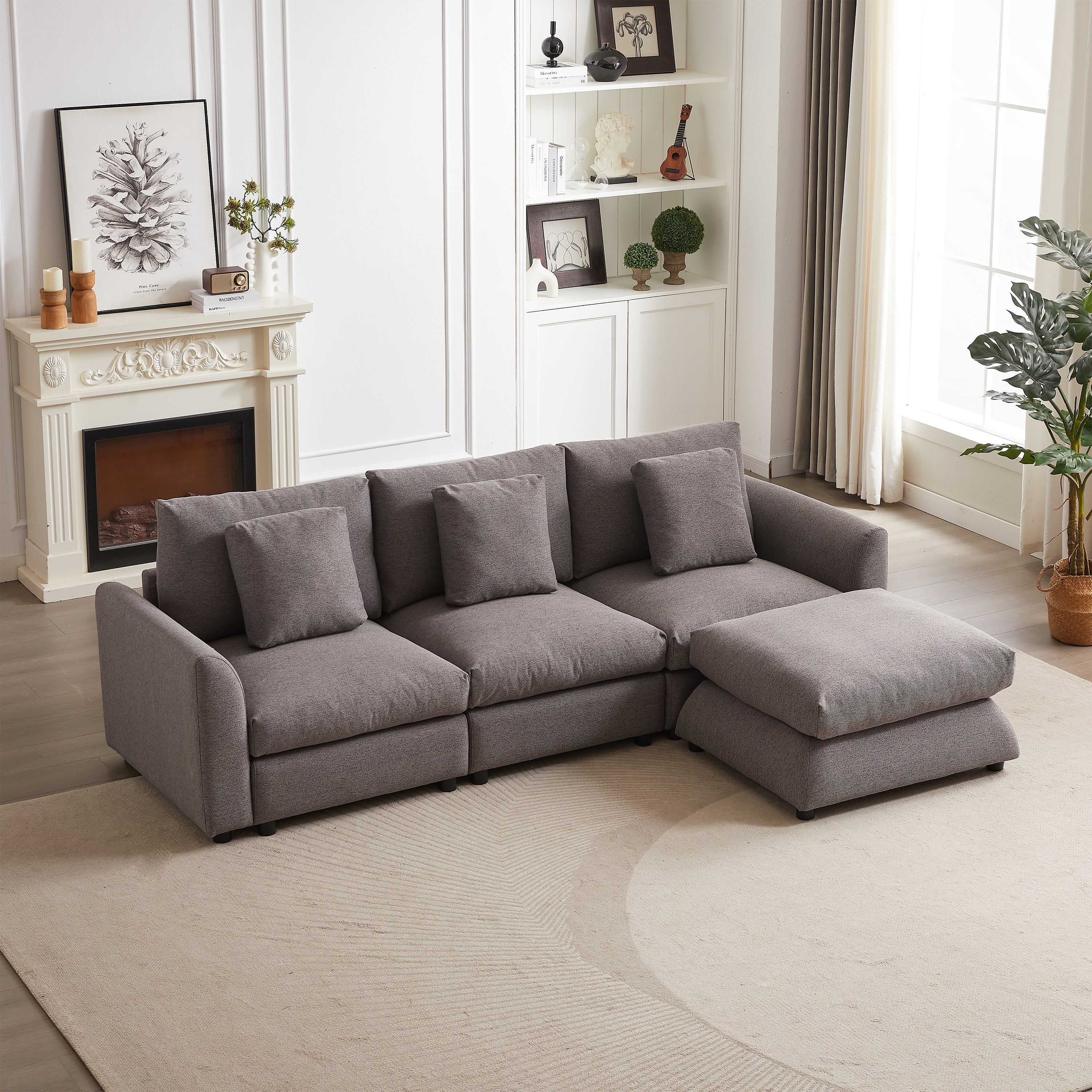 Comfort Upholstered Grey Modular L-Shaped Sofa Ottoman