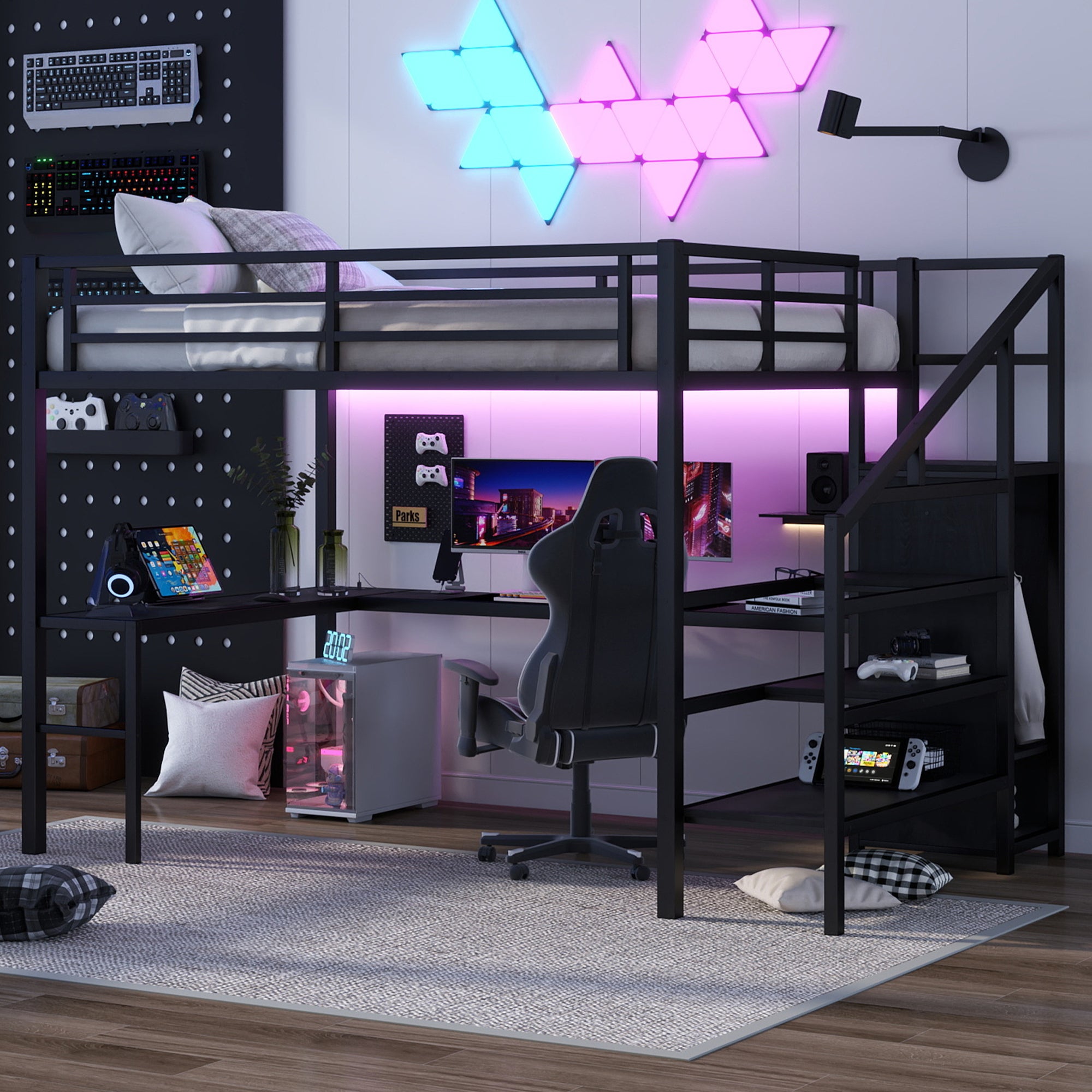 Queen Loft Bed w/ Desk, Wardrobe & LED