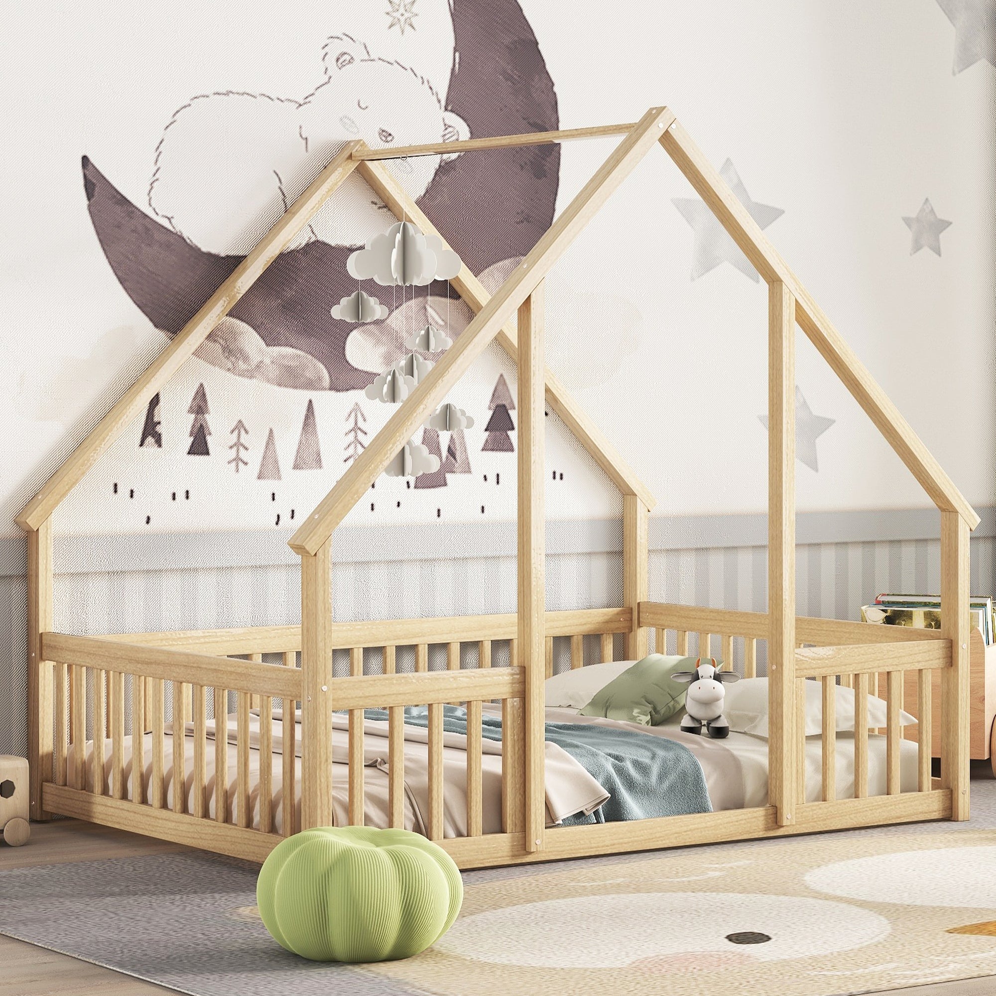 Natural Wood House Floor Bed with Fence & Guardrails for Kids