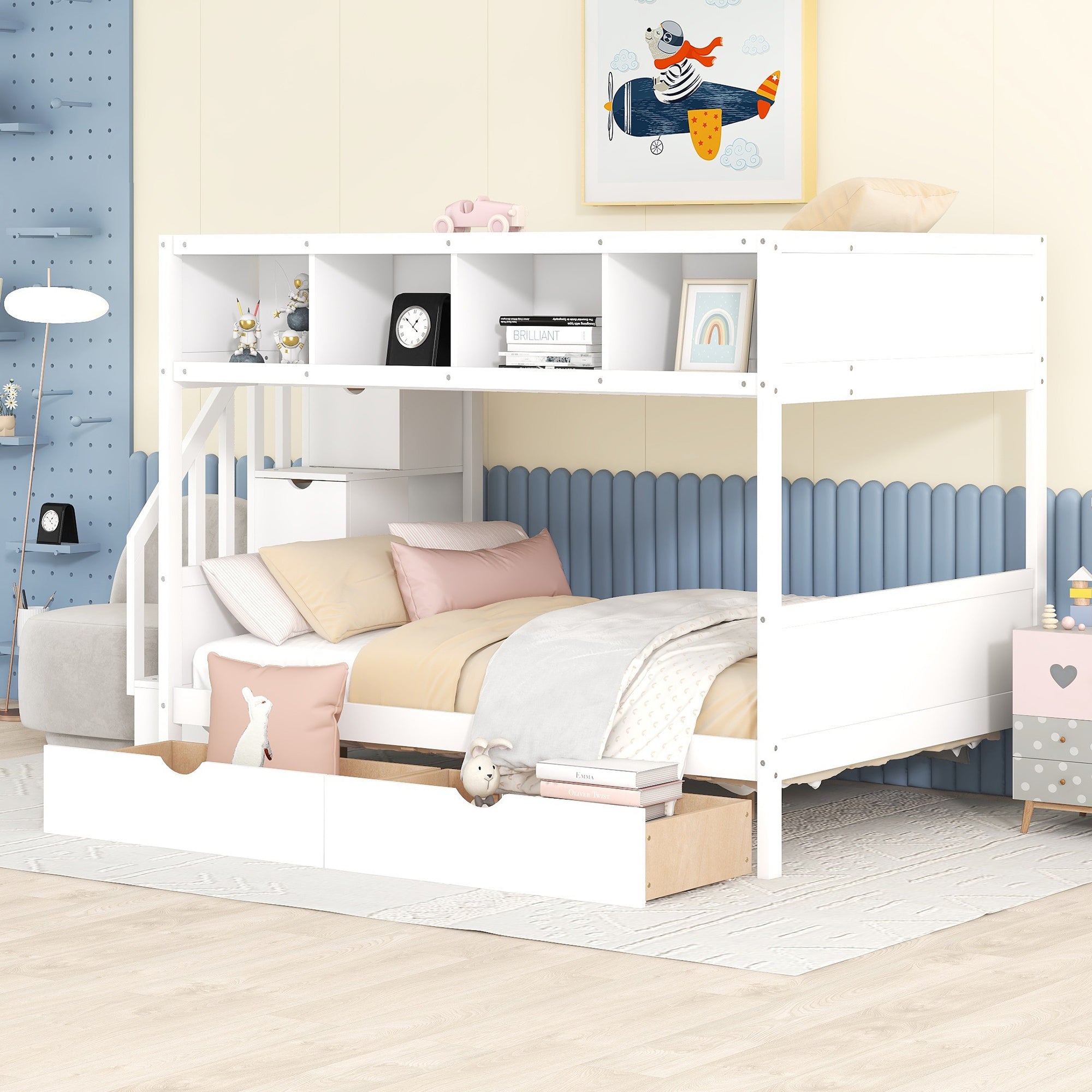 White Twin Over Full Bunk Bed: Storage Stairs, Shelves & Drawers