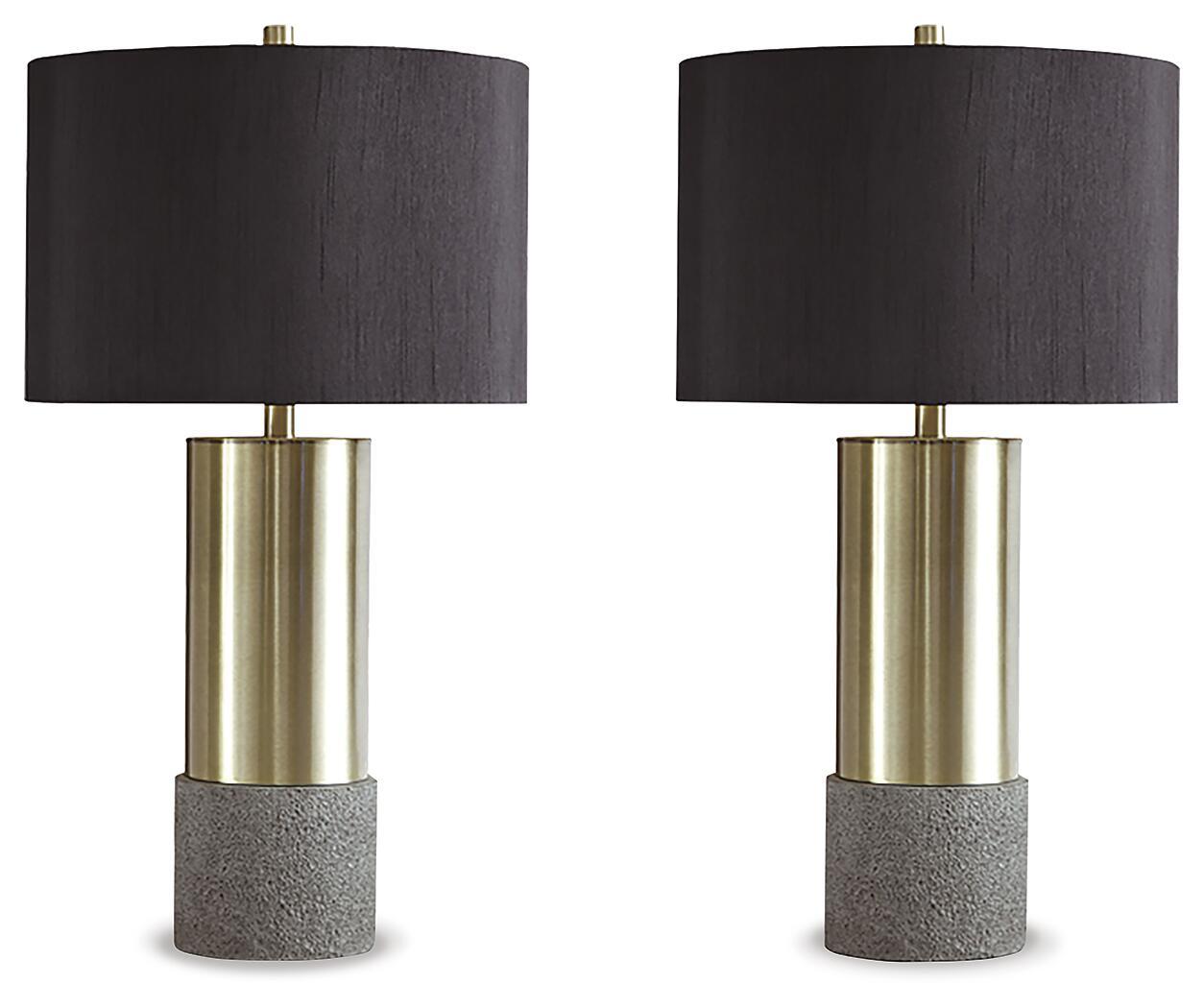 Dark gray fabric table lamp shade with brass metal cylindrical base and stem