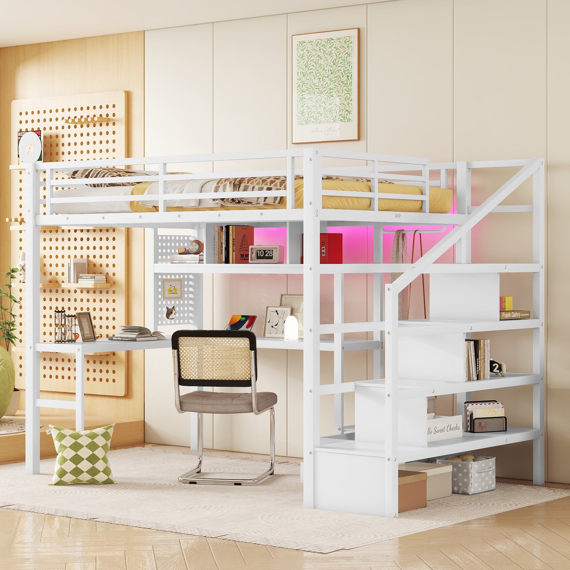 Kids Full Size Metal Loft Bed: Desk, Wardrobe, LED, USB Charge