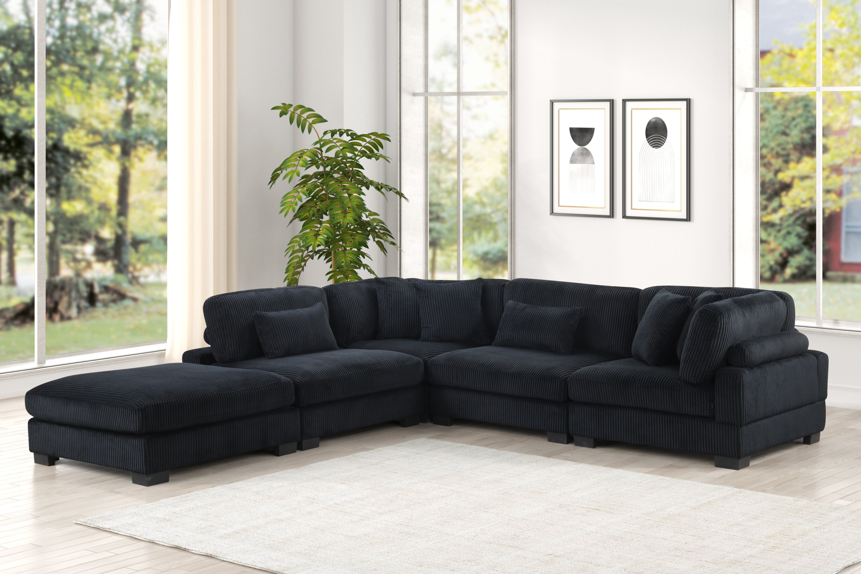 Bentley Modern Modular Corduroy Black Wood Sectional Sofa