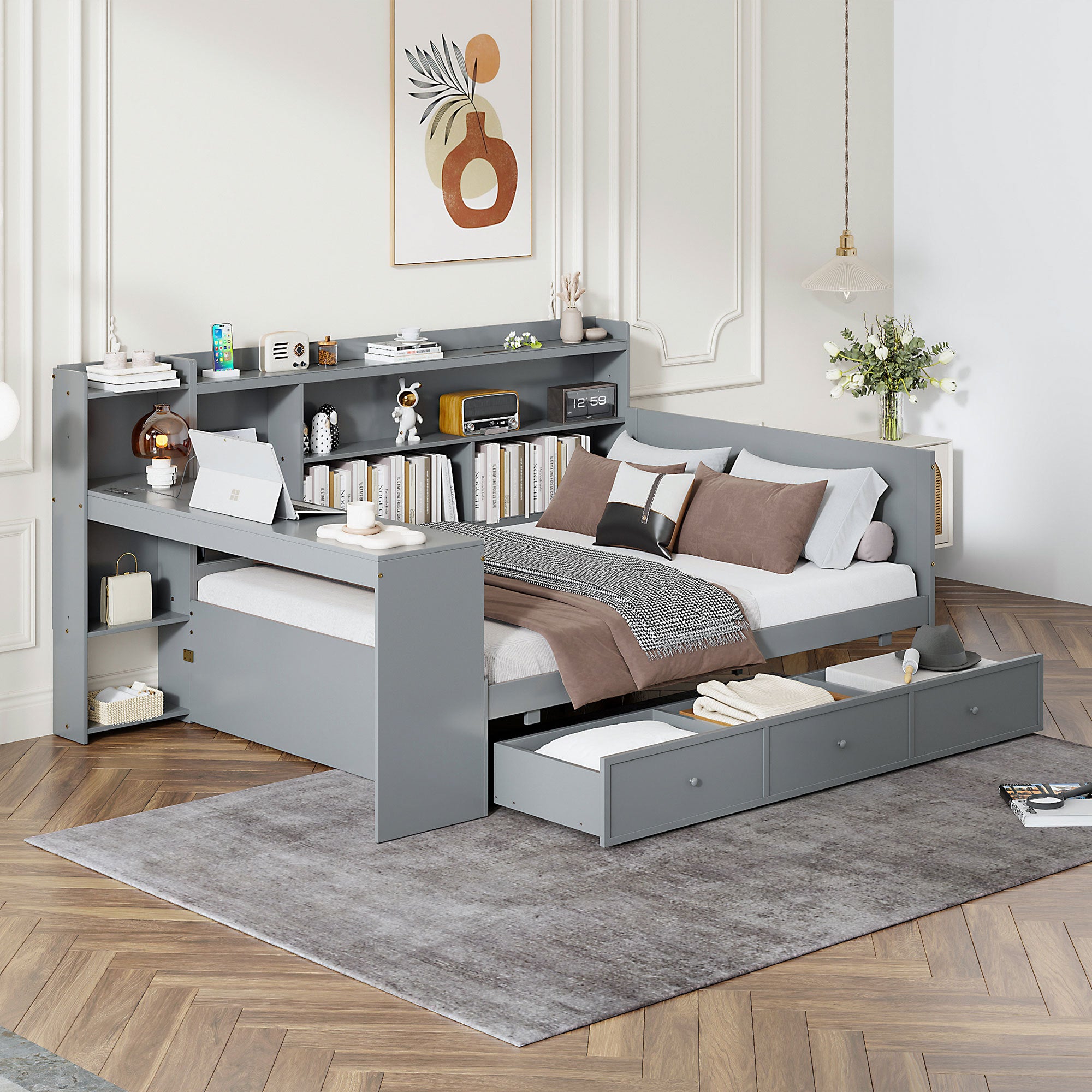 Gray Full-Size Wooden Daybed w/ Desk, Drawers, USB