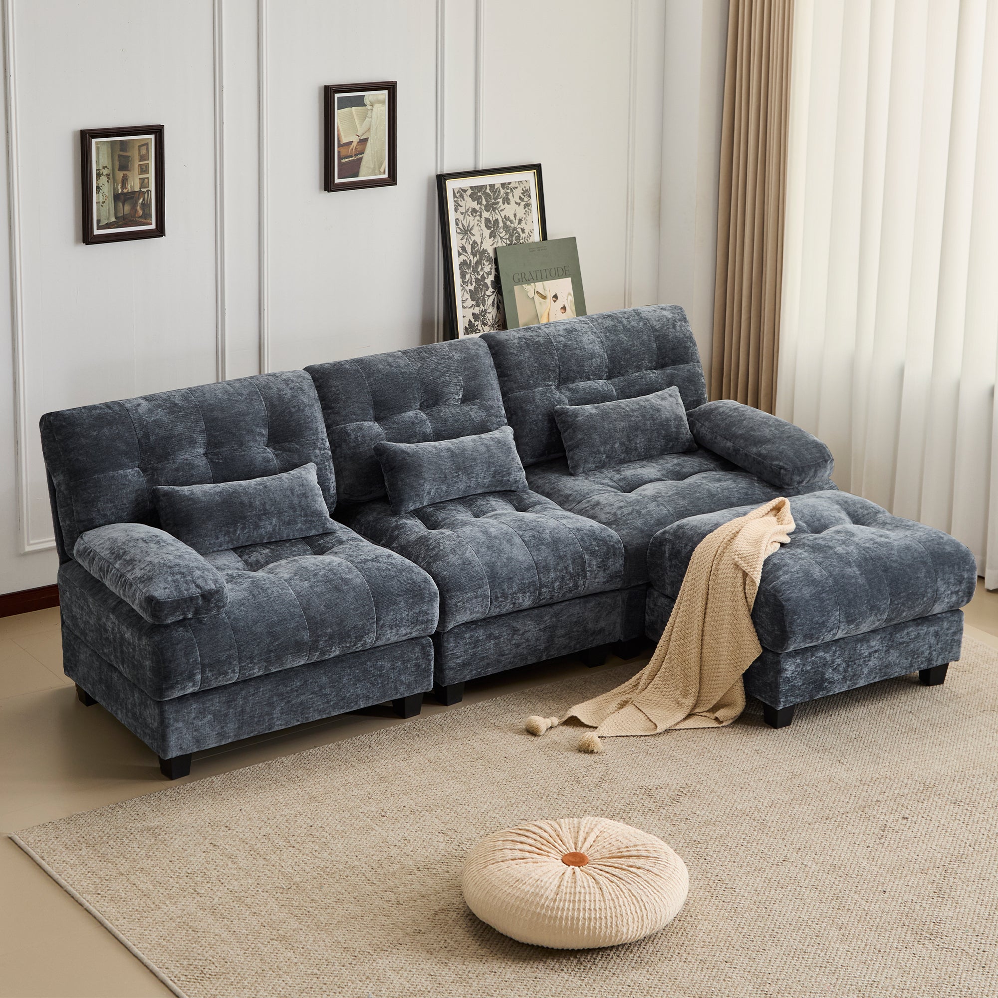 93" 3+1 Seater Sofa & Ottoman, Adjustable Back, Chenille