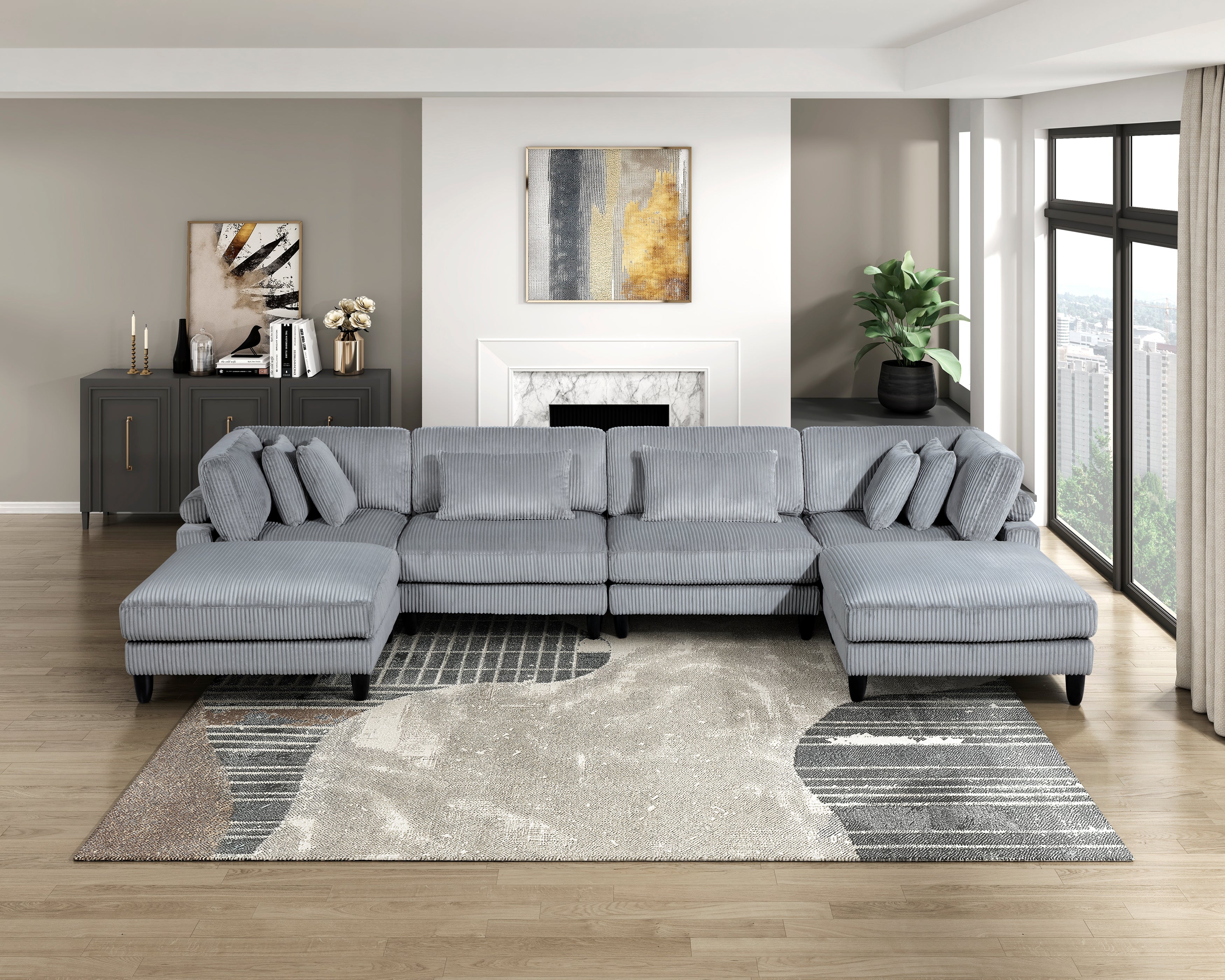 6pc Gray Corduroy Modular Sectional Sofa Living Room