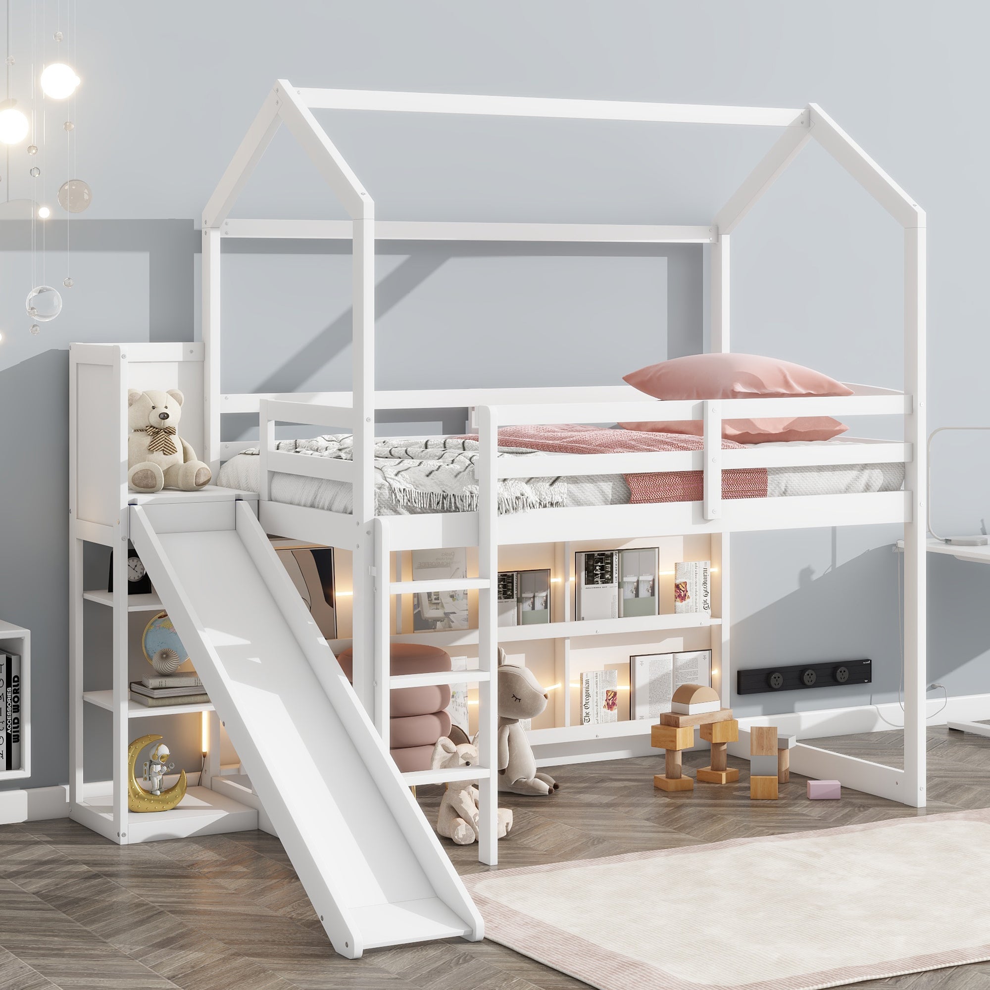 Twin Wood House Loft Bed: Slide, Storage, Light - White Kids Bed