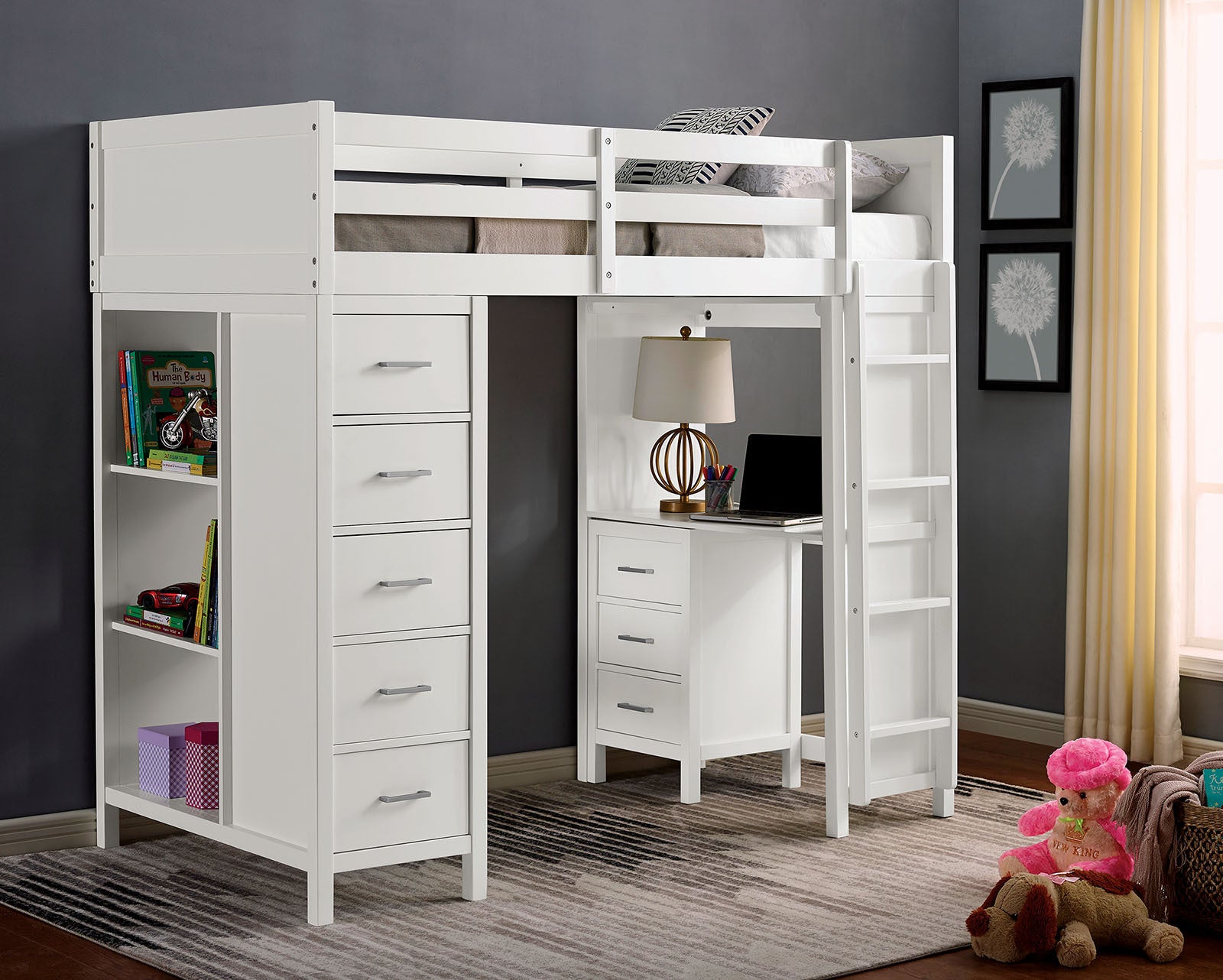 White Transitional Twin Loft Bed: 8 Drawers, 3 Shelves, Ladder, Wood Frame