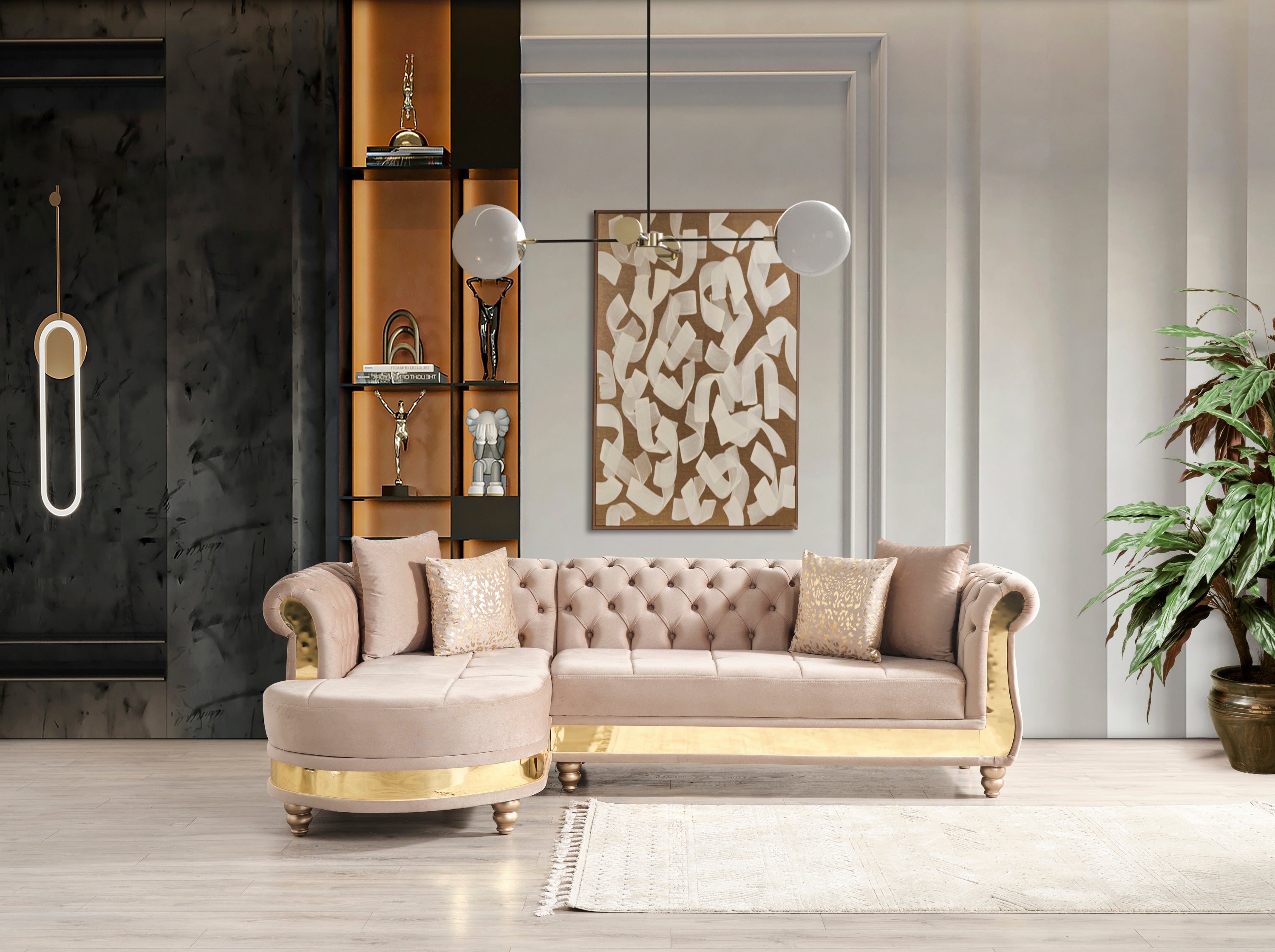 Taupe Gold Tufted Upholstery Wood Sectional
