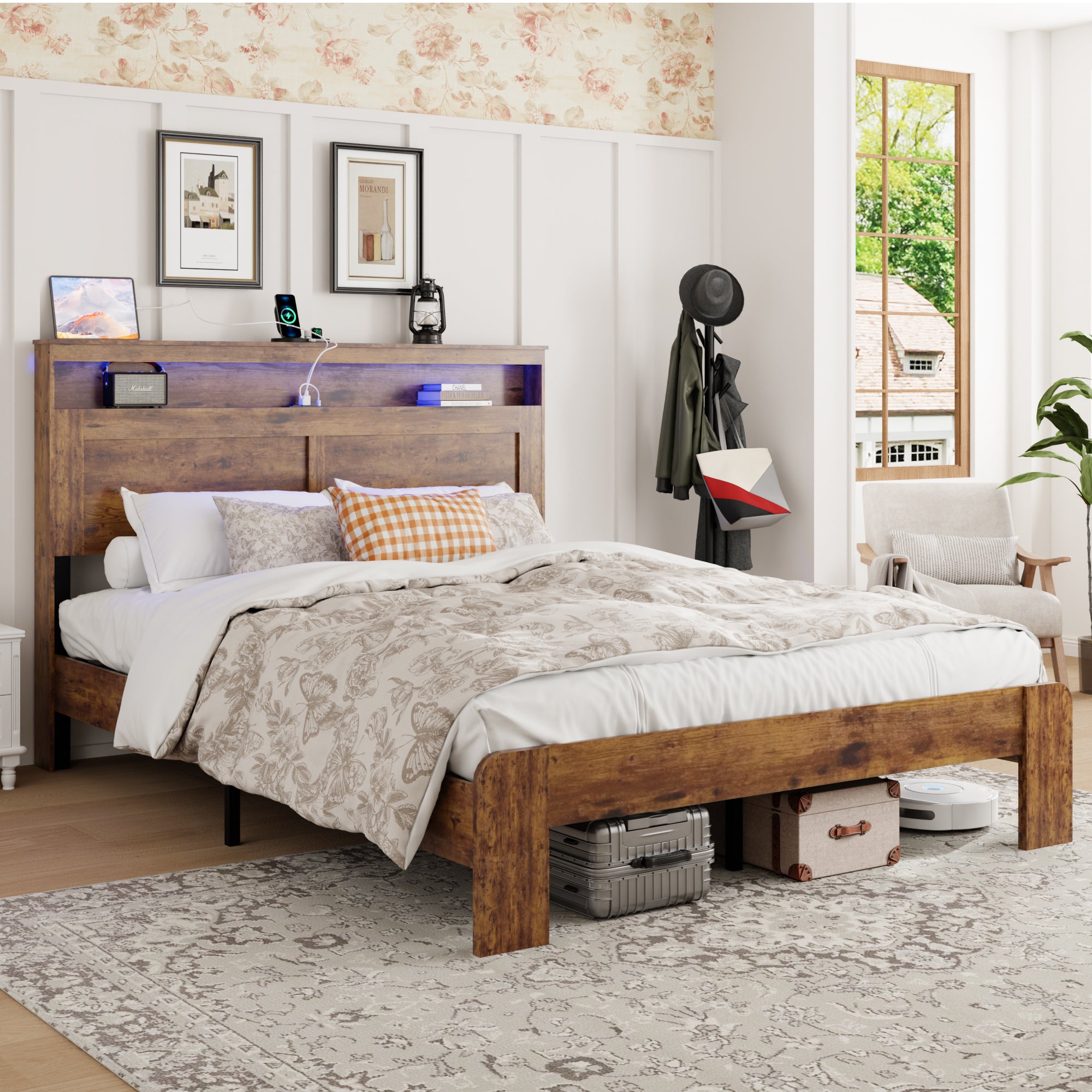 Queen Wood Platform Bed Frame: Storage, LED, USB, Noise-Free, Dark Brown