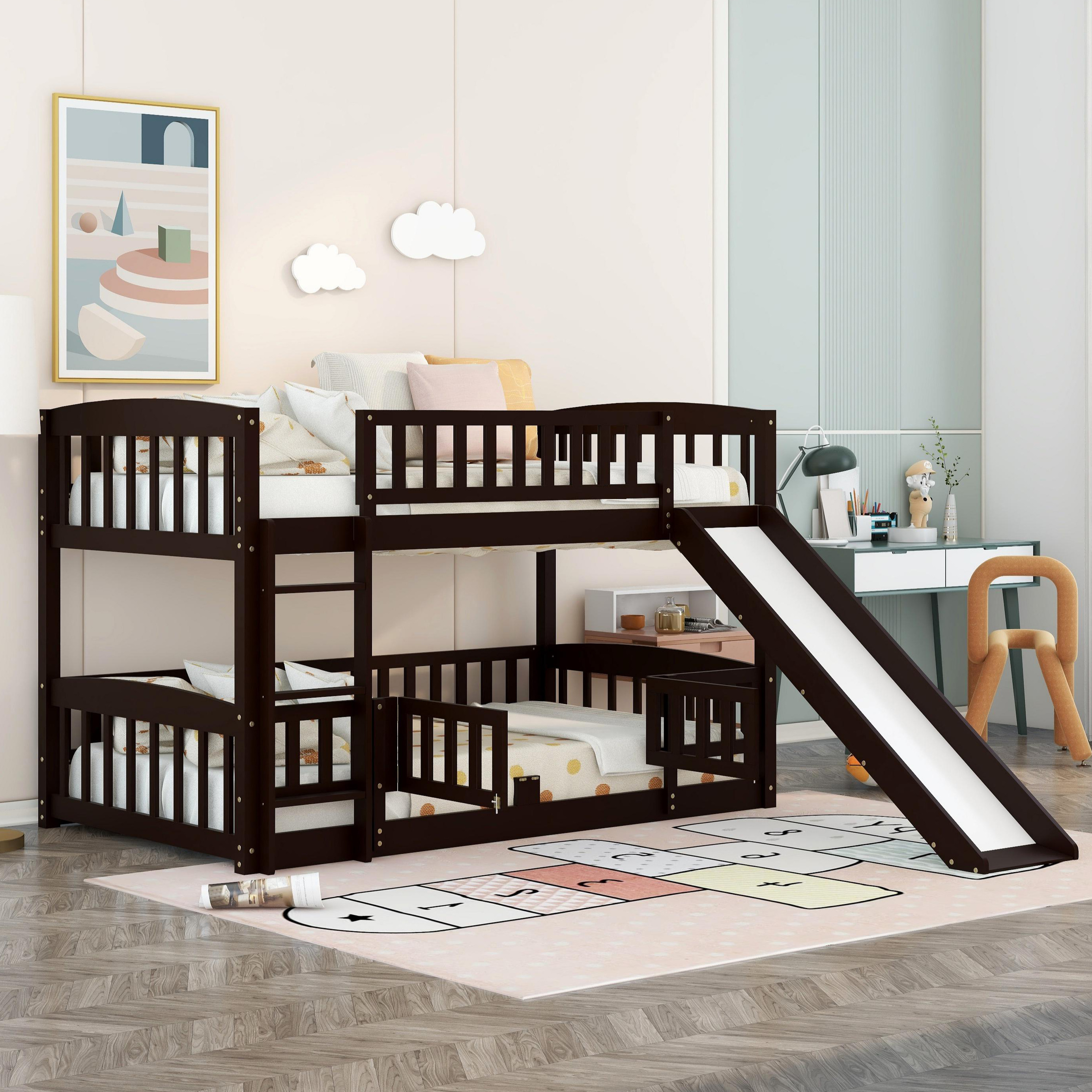 Twin Over Twin Low Bunk Bed w/ Slide, Fence & Ladder - Kids/Teens Espresso