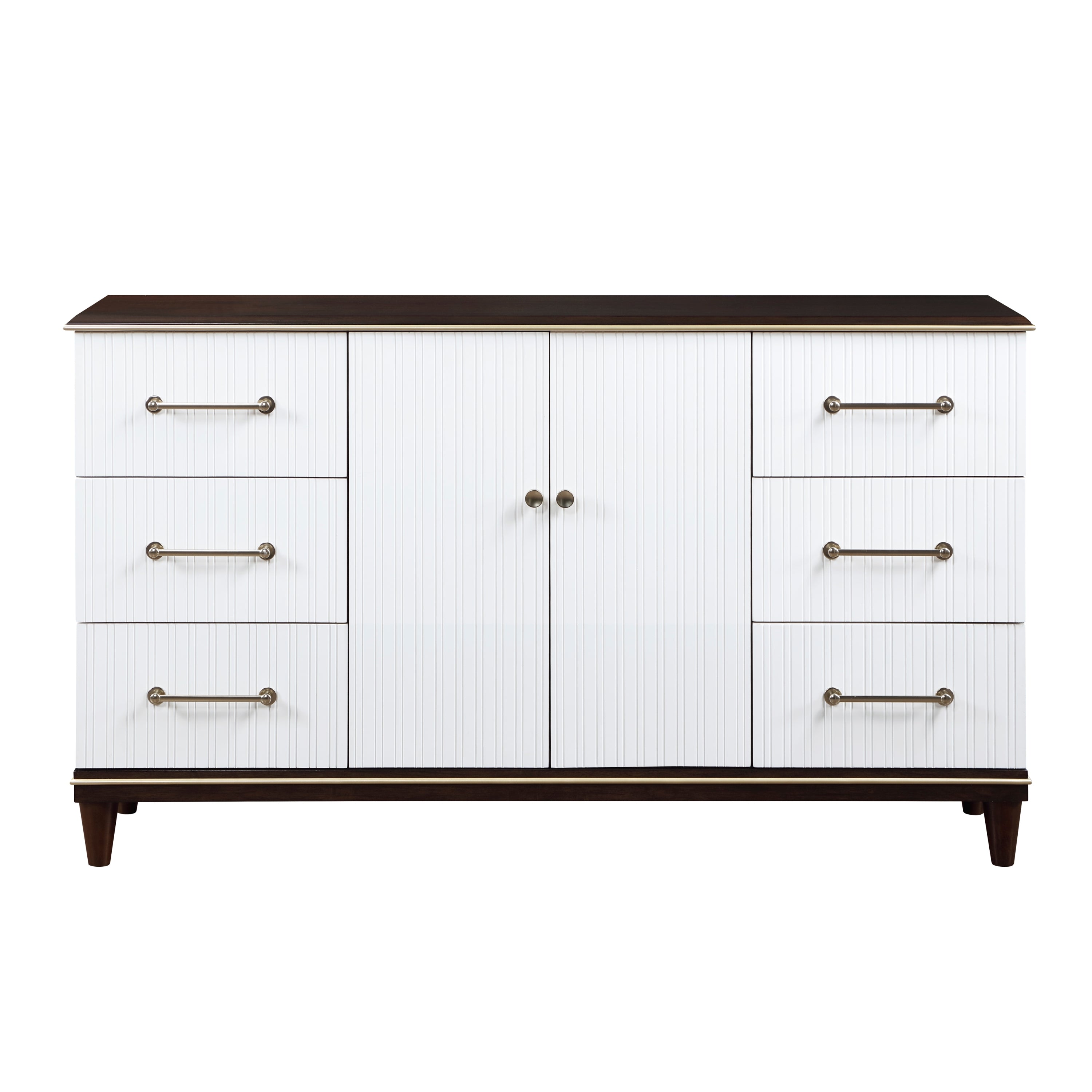 Modern White Cherry Dresser, 6 Drawers, 2 Shelves, Gold Trim