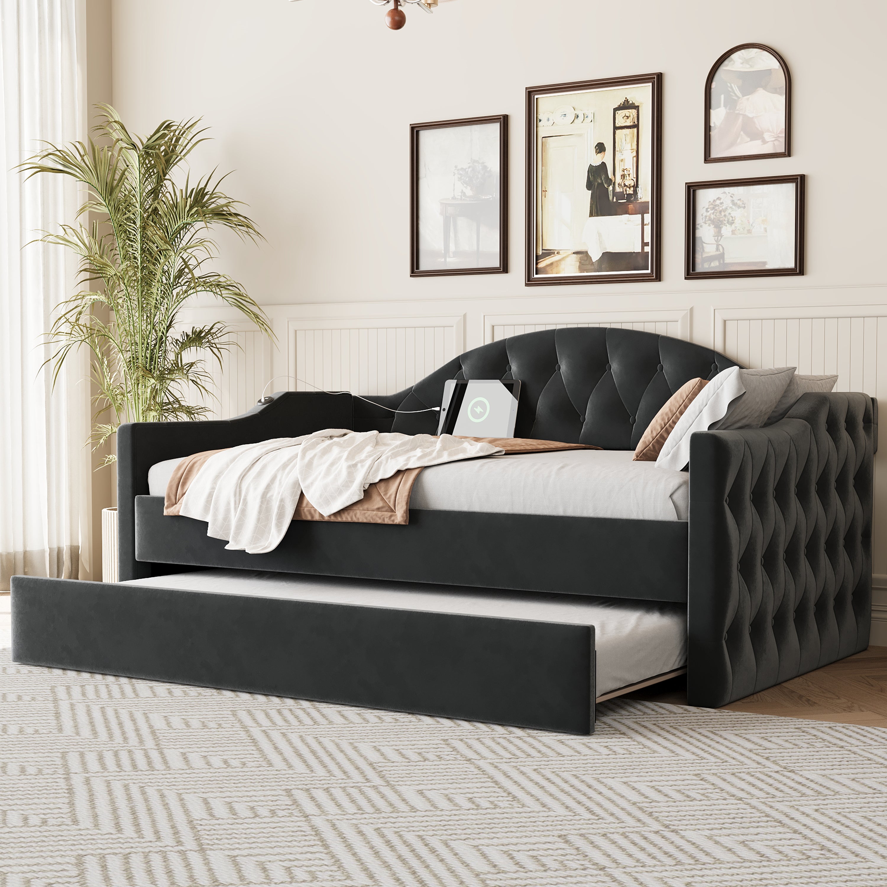 Twin Velvet Upholstered Daybed with Trundle & USB, Black (No Box Spring)