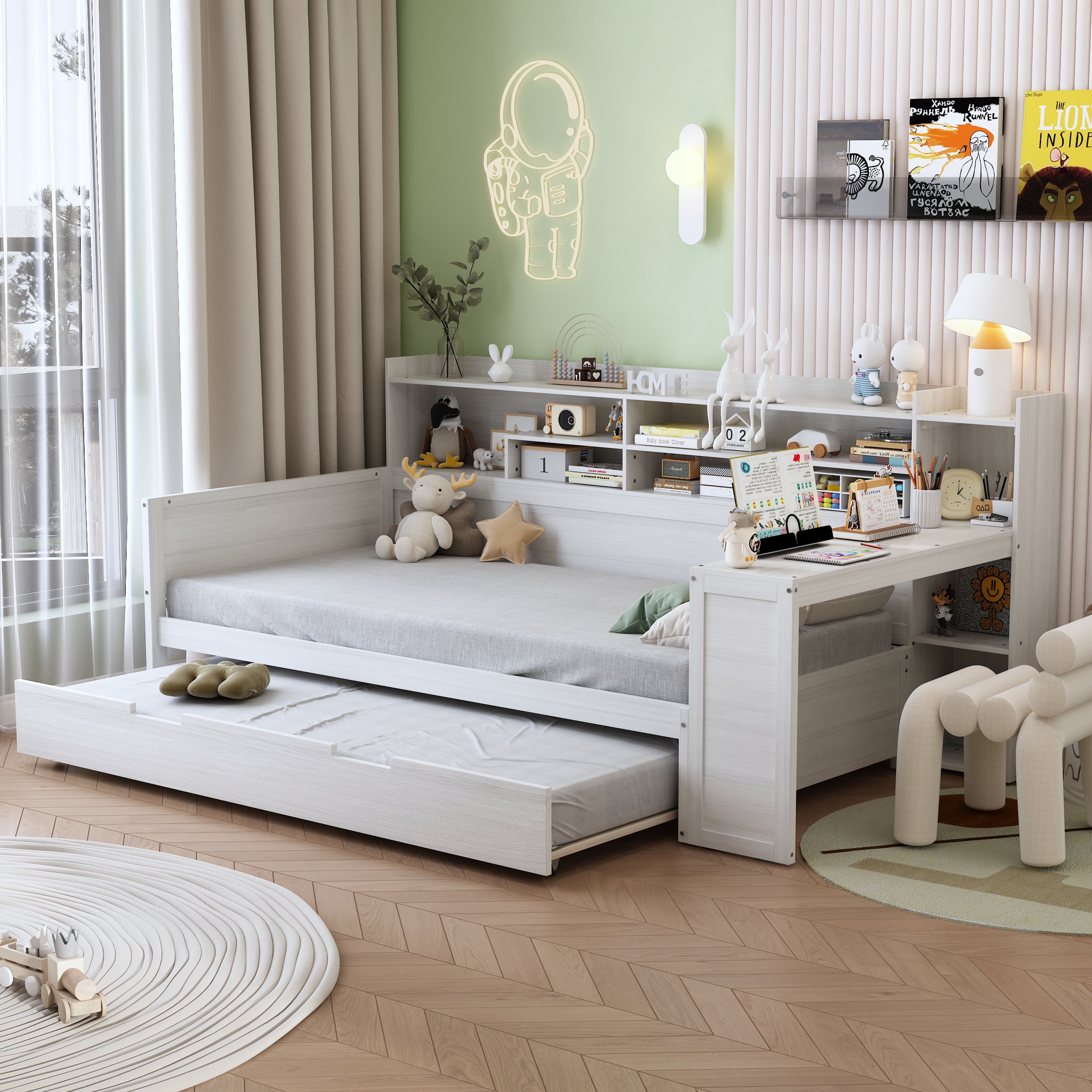 Wooden Twin Daybed w/ Trundle, Storage, Desk - Antique White