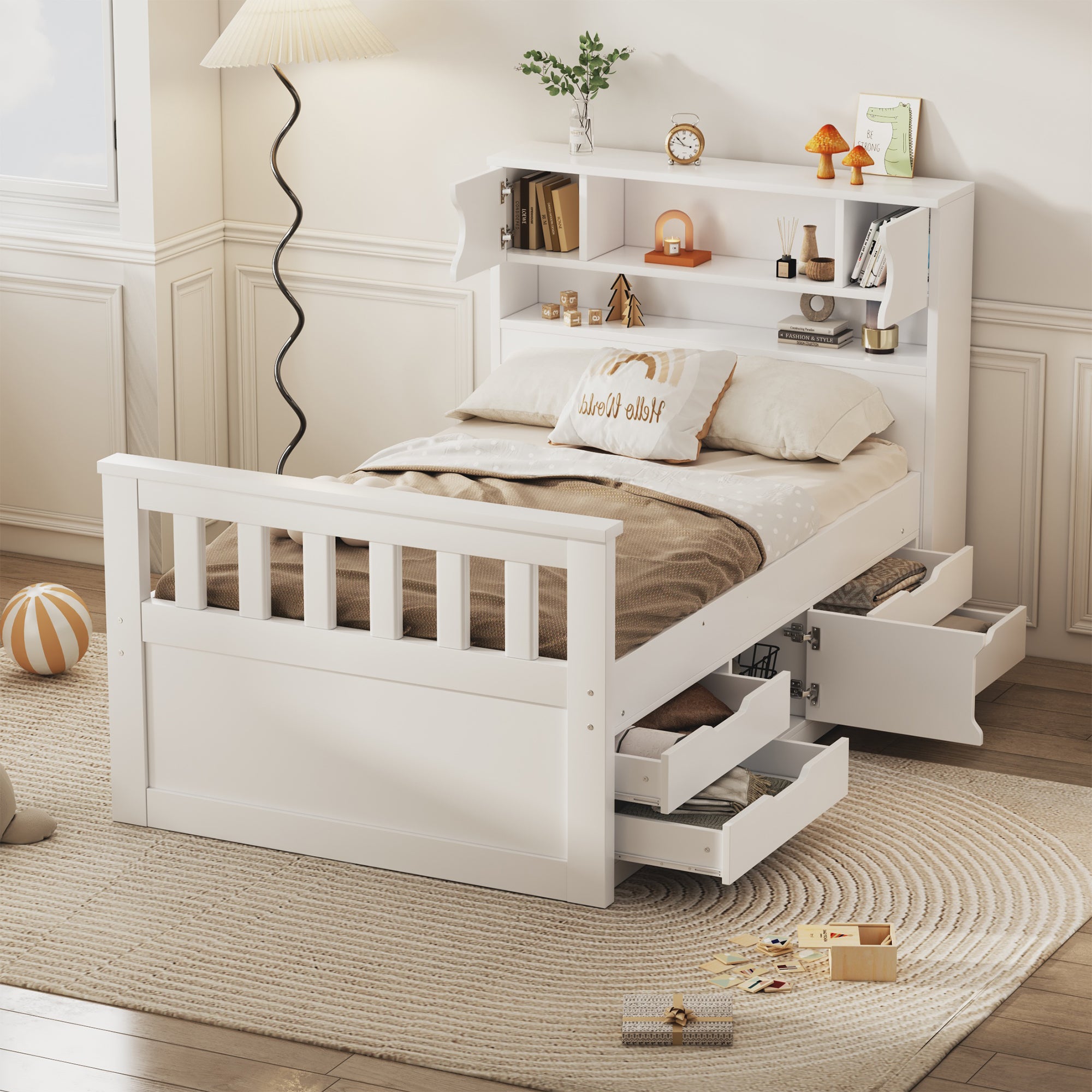 Twin Captain Bed Frame w/ Storage, Bookcases, 4 Drawers - White