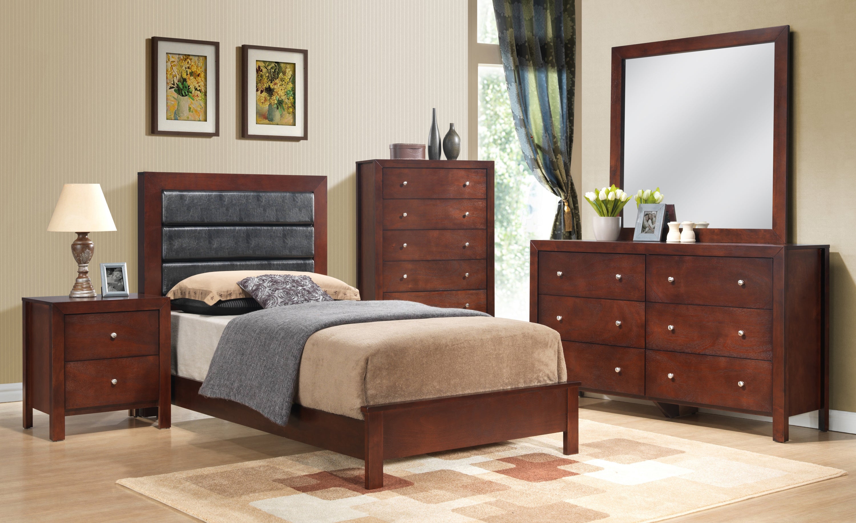 Elegant Transitional Cherry Wood Queen Bed Frame | Stylish Bedroom Decor