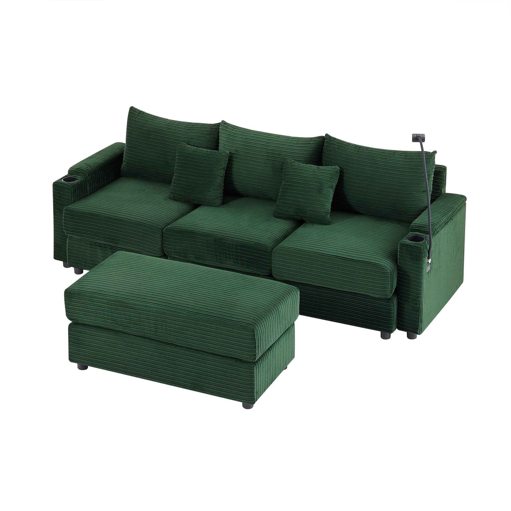 Modern Green Corduroy 3-Seater Sofa w/Storage, USB, Ottoman