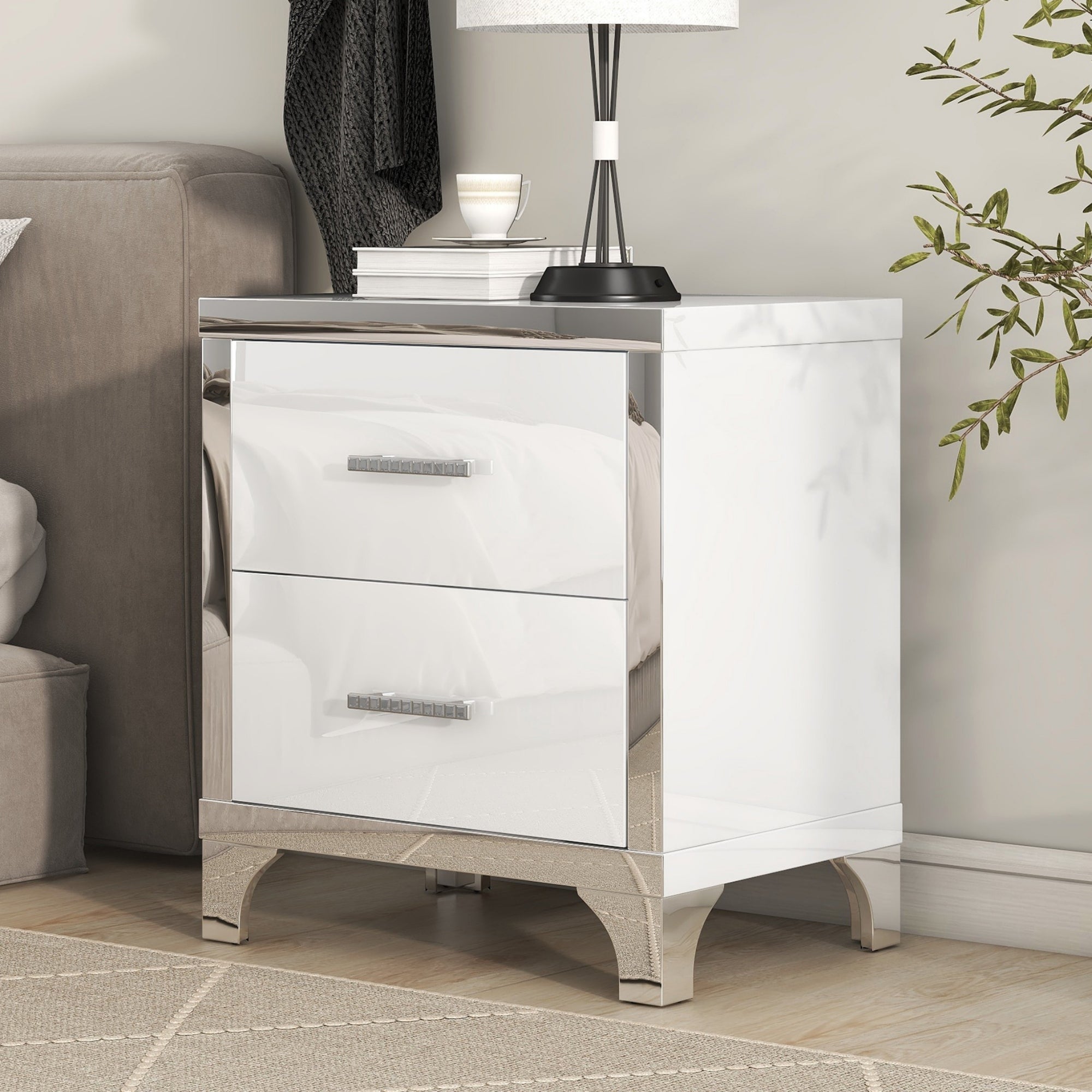 White High Gloss Mirrored Nightstand | 2-Drawer Bedside Table