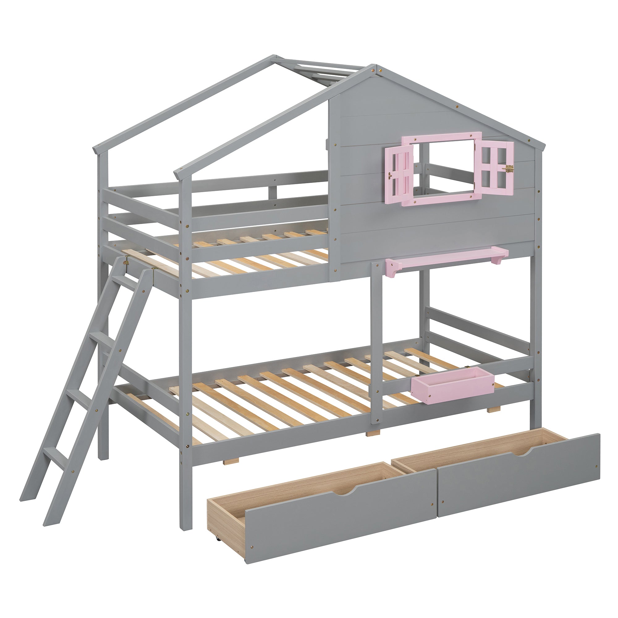 Playhouse Twin Bunk Bed with Roof, Storage, Drawers - Gray