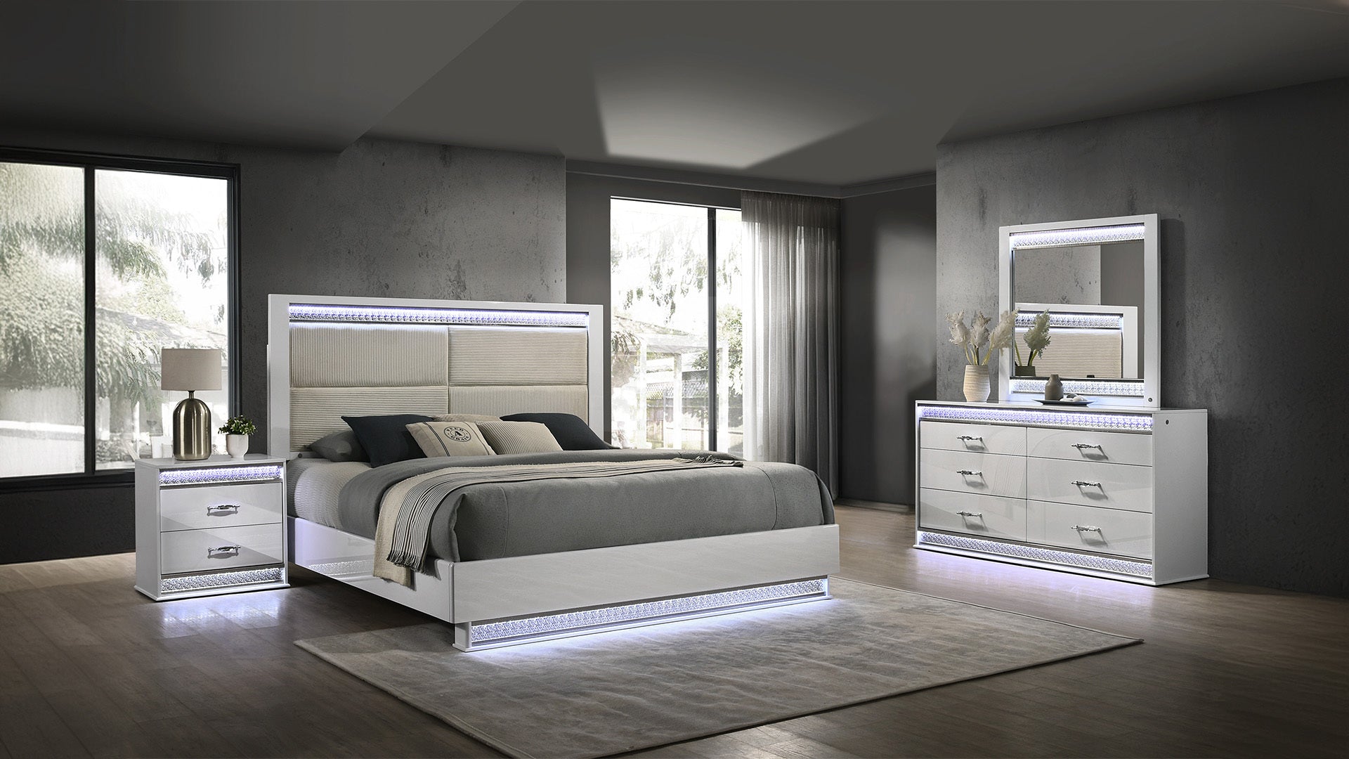 Glam Modern White LED Queen Bedroom Set - 4 Pc. Wood (NJ)
