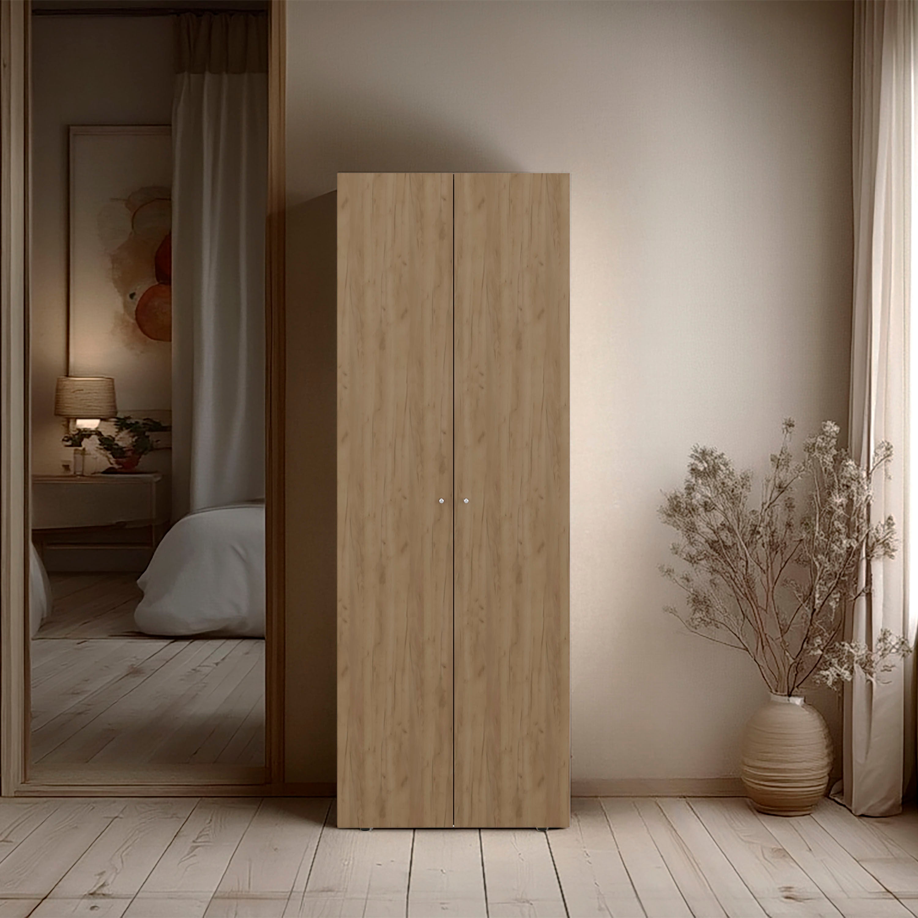 FM FURNITURE Basin Tall Wardrobe: Natural Oak 2-Door Bedroom Cabinet