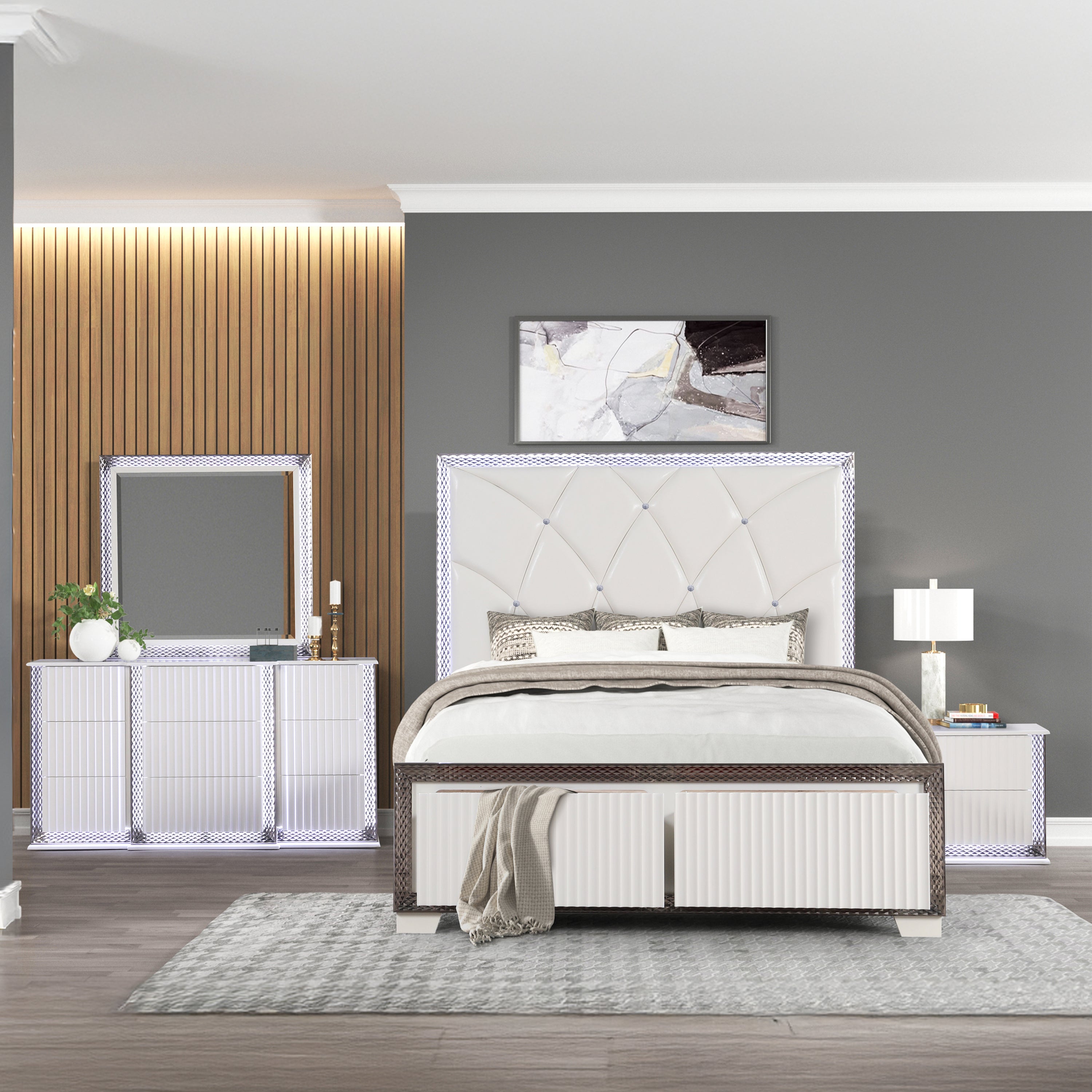 Fabio Contemporary Queen 4PC Bedroom Set | White Wood, LED, Diamond Accents