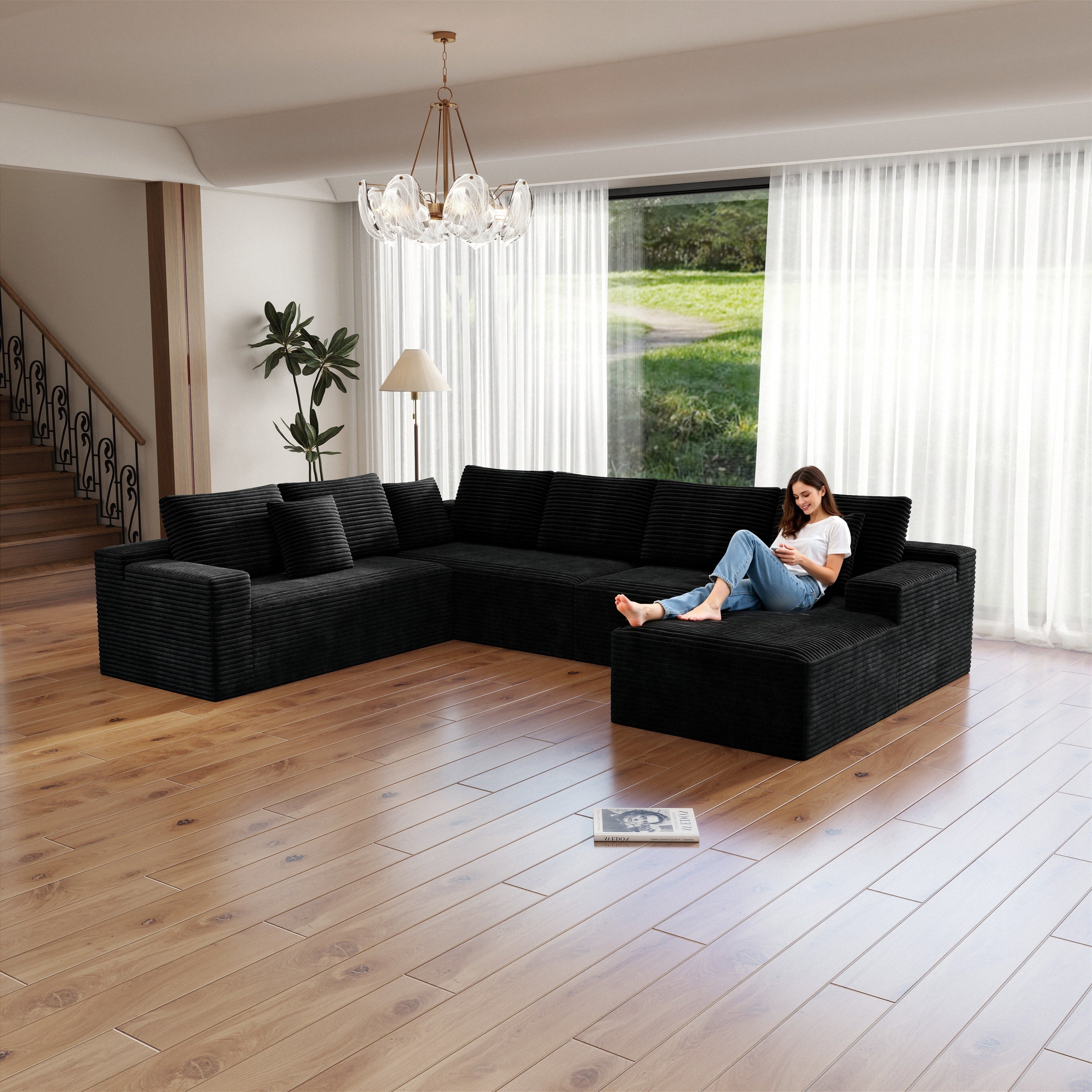 Plush Black Corduroy Modular Sectional Sofa - No Assembly