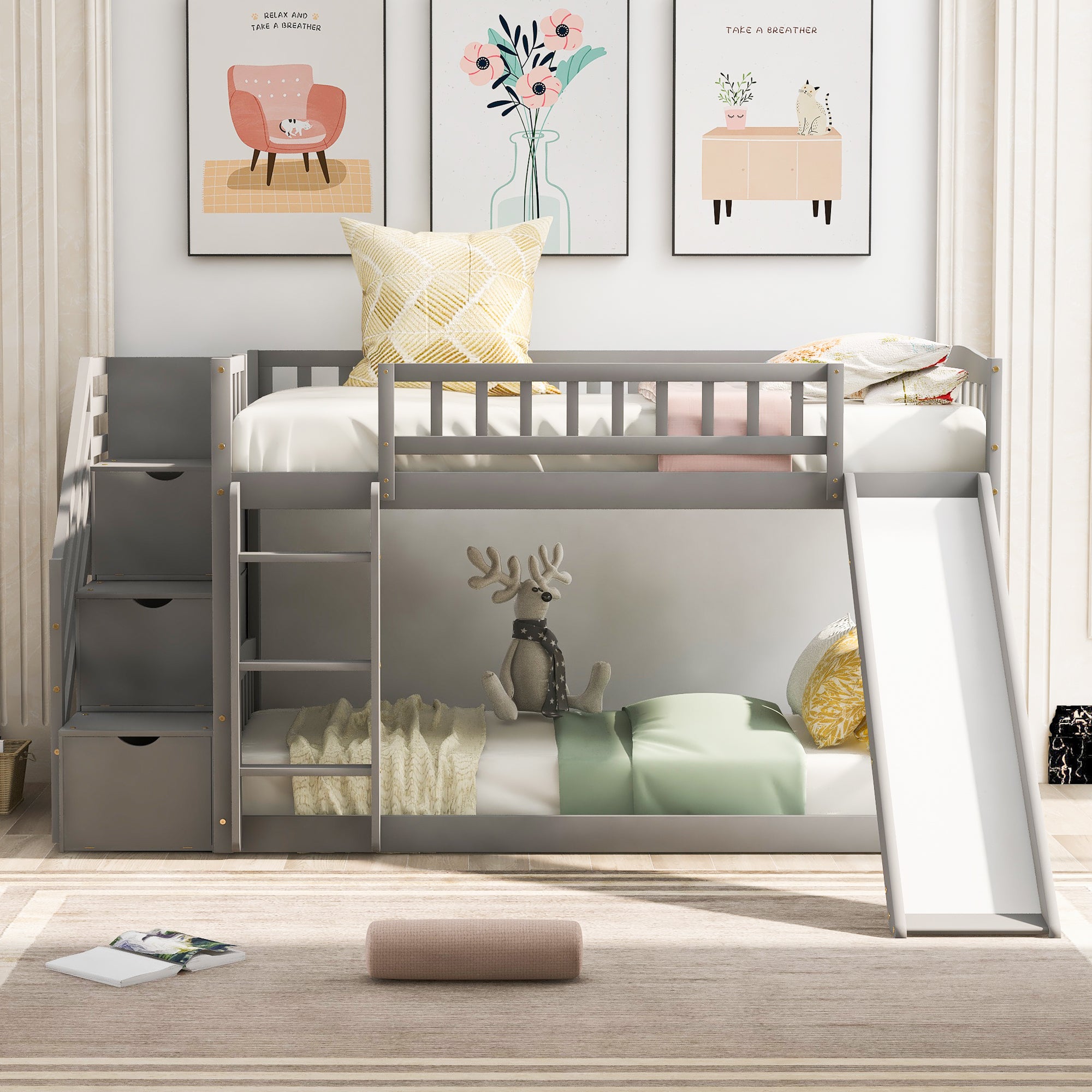 Gray Twin over Twin Bunk Bed with Stairway, Slide & Storage Drawers