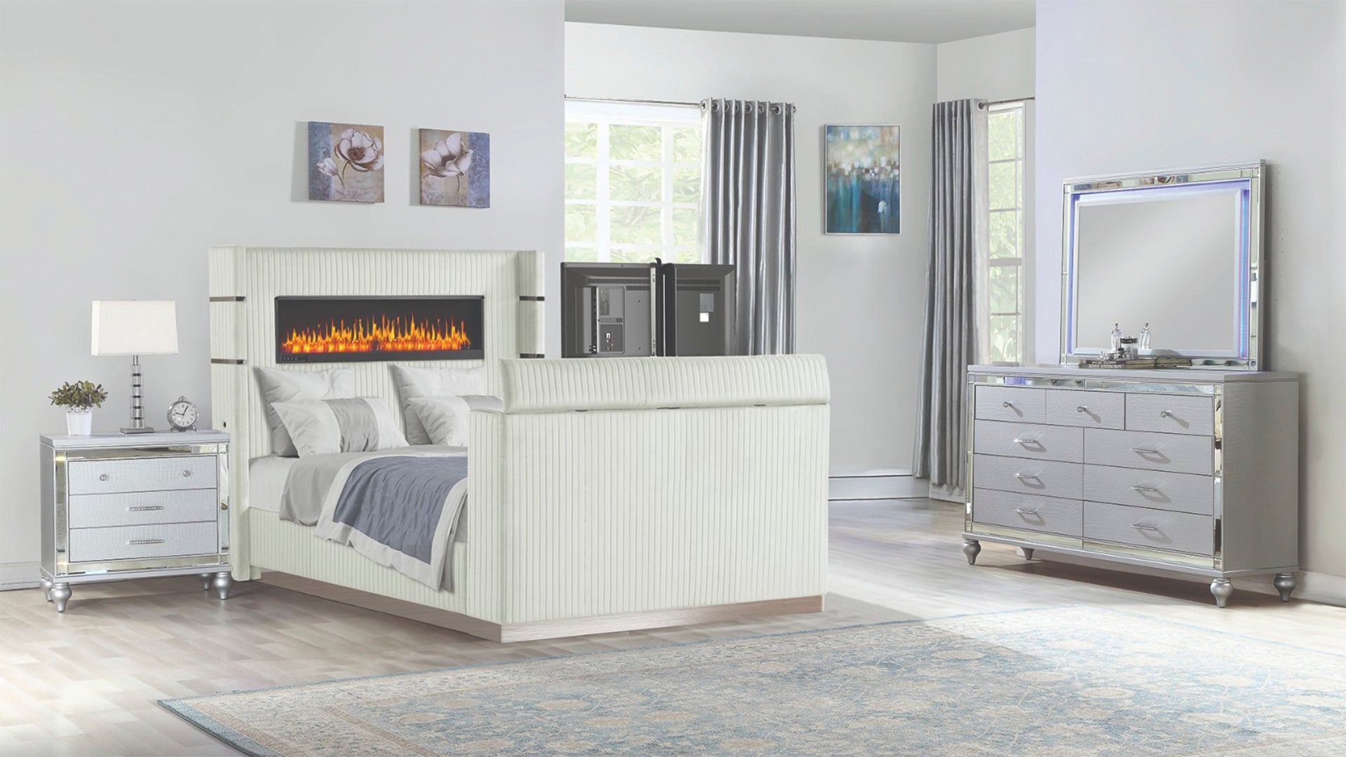 Modern 4 Pc King Bedroom Set | Fireplace Headboard & TV Footboard Beige