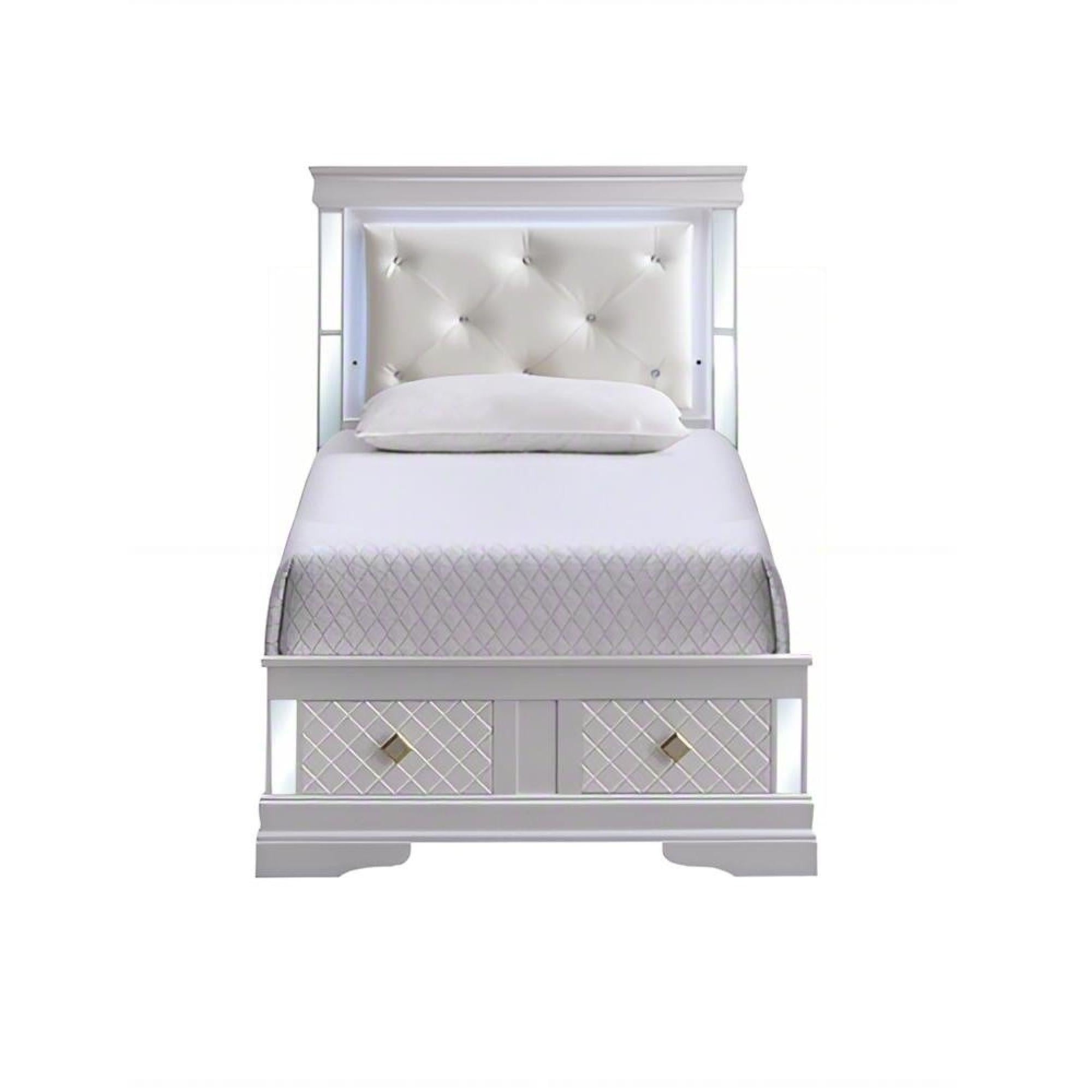 Verona G6735B-TSB Twin Bed: Pearl White, LED, Faux Leather, 2 Drawers