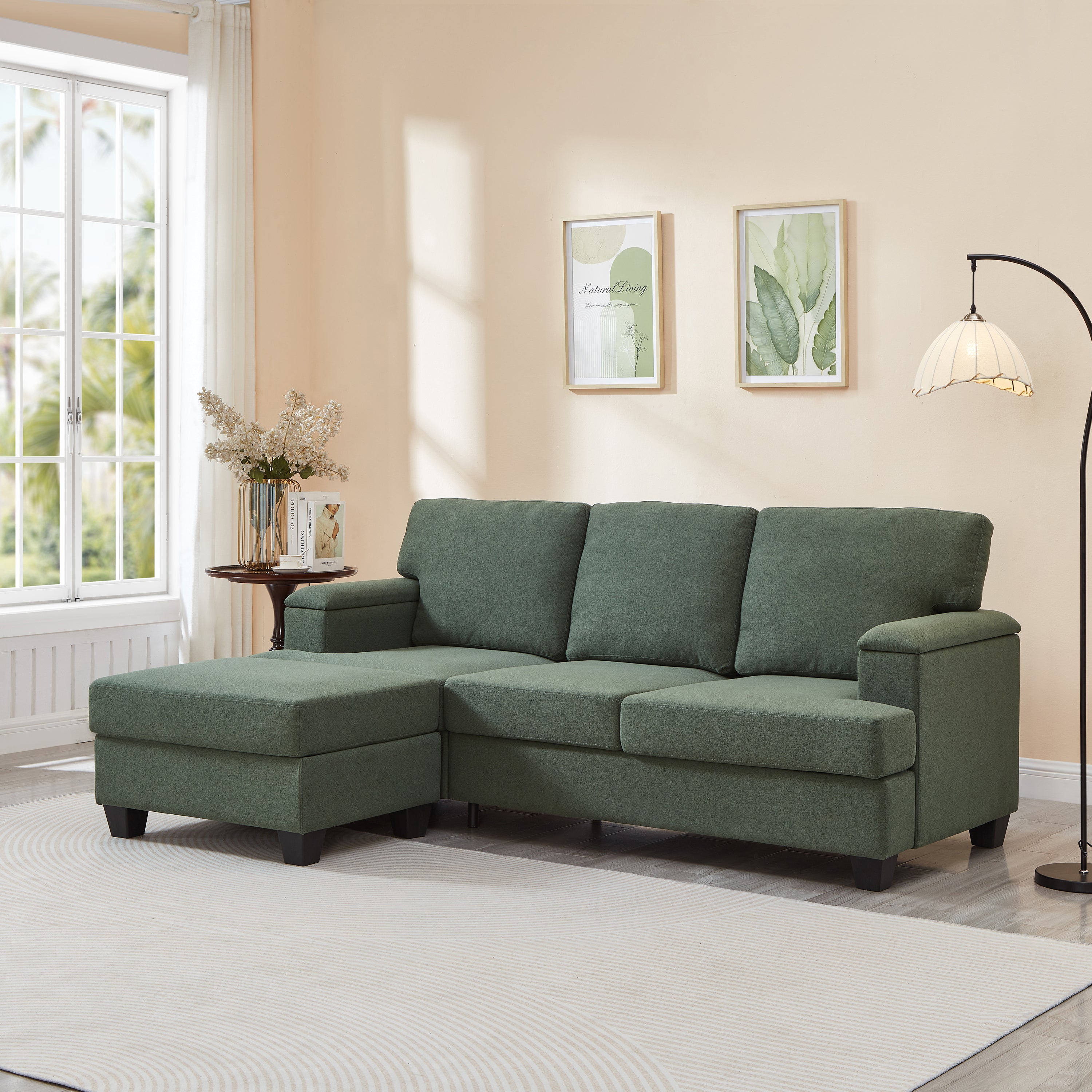 86" Dark Green L-Shaped Sofa with Ottoman & Organizer