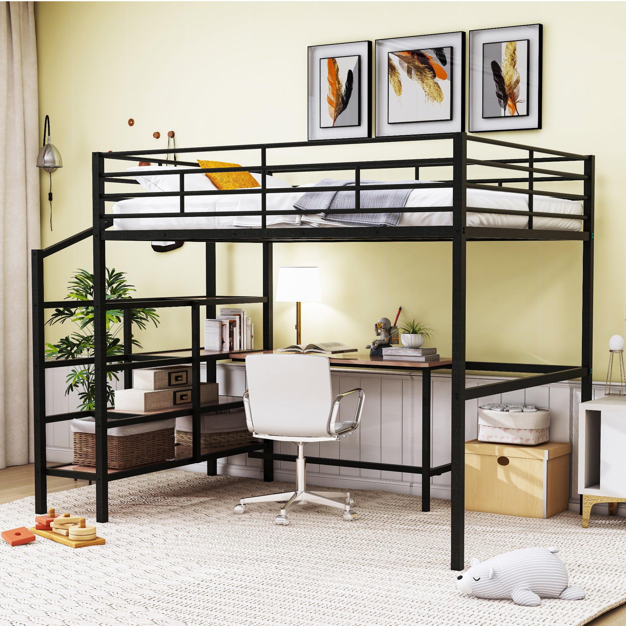 Full Size Black Metal Loft Bed with Desk & Lateral Storage Ladder