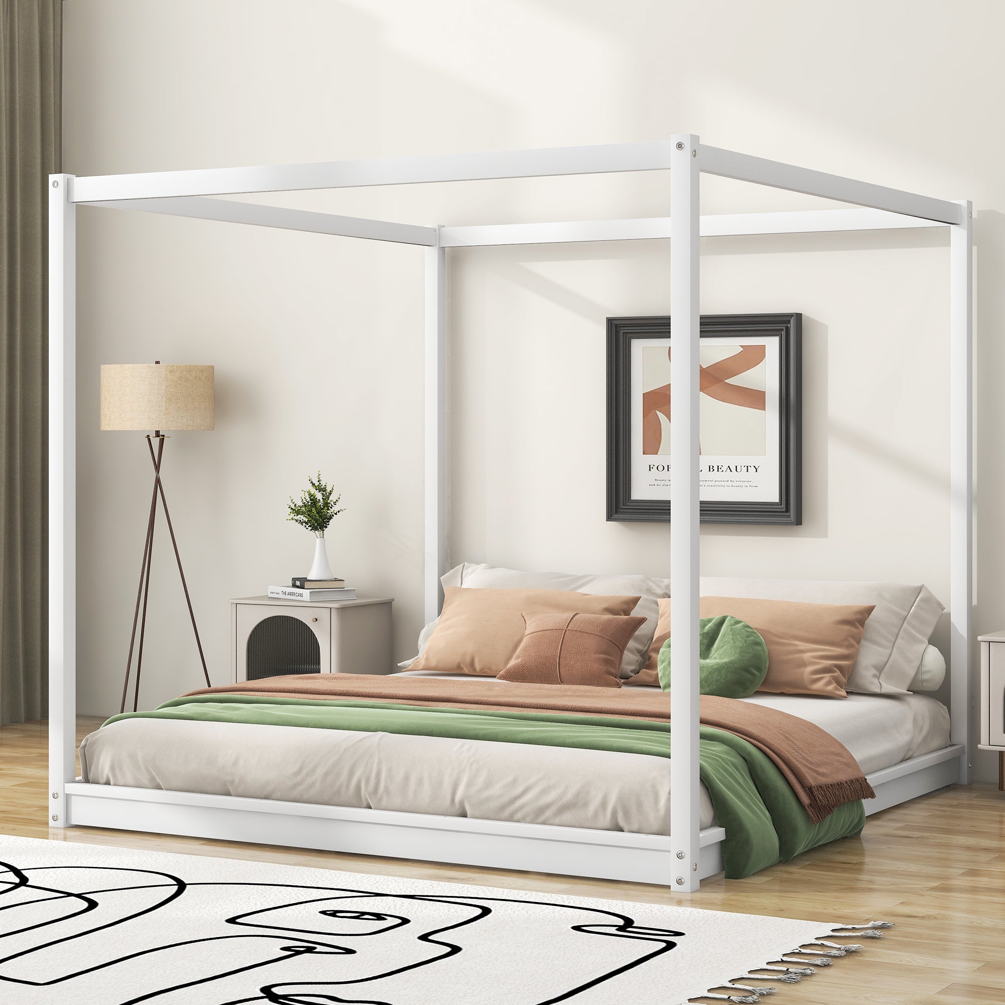 King Size White Canopy Platform Bed Frame with Support Legs