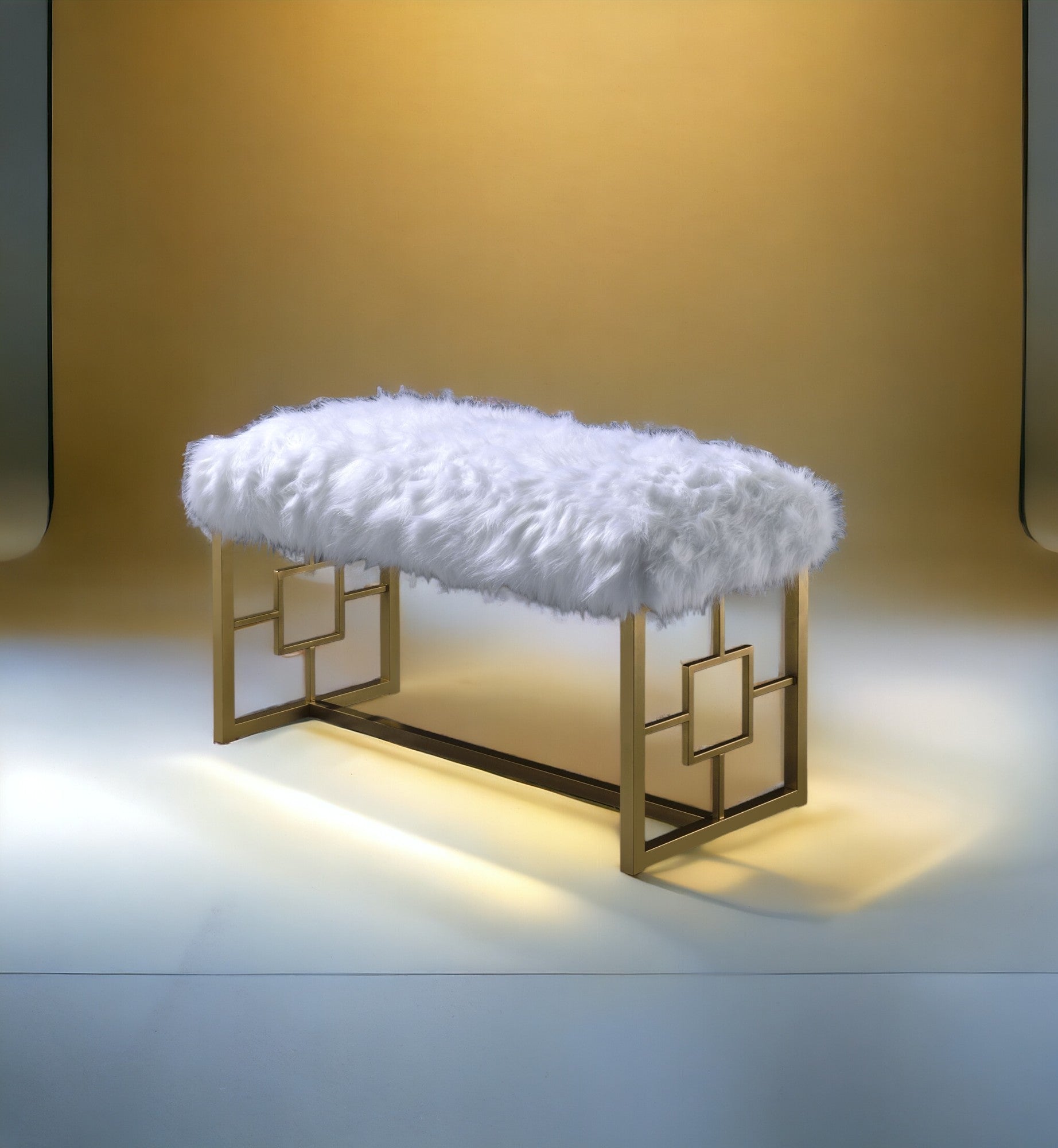 Luxurious Bagley II White Faux Fur & Gold Finish Bench